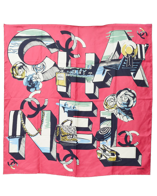 Chanel Fuchsia Pink and Blue/Multi CHANEL Logo Printed 90cm Silk Scarf Scarf