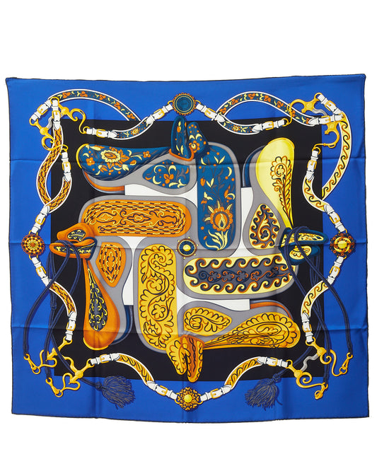 Hermès Blue/Gold/Black Multi "Festival des Amazones" Silk Printed 90cm Scarf