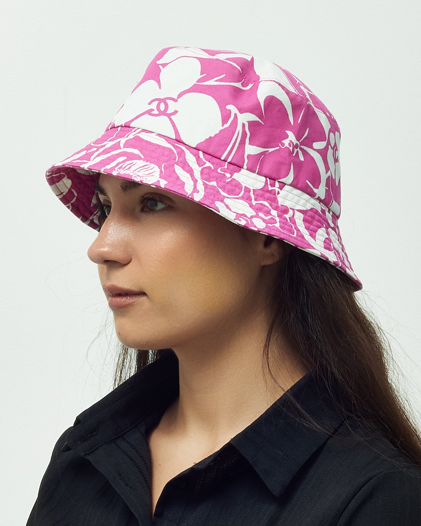 Chanel Pink and White CC Logo Floral Cotton Bucket Hat - L