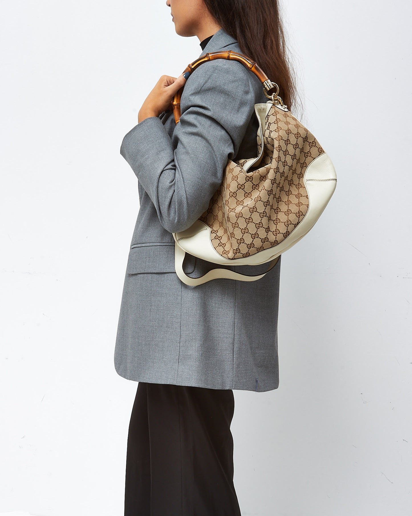 Gucci White Leather and Beige/Ebony GG Canvas Bamboo Peggy 2Way Shoulder Bag