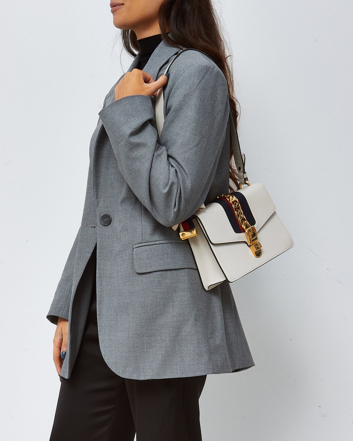 Gucci White Leather Small Web Sylvie Shoulder Bag