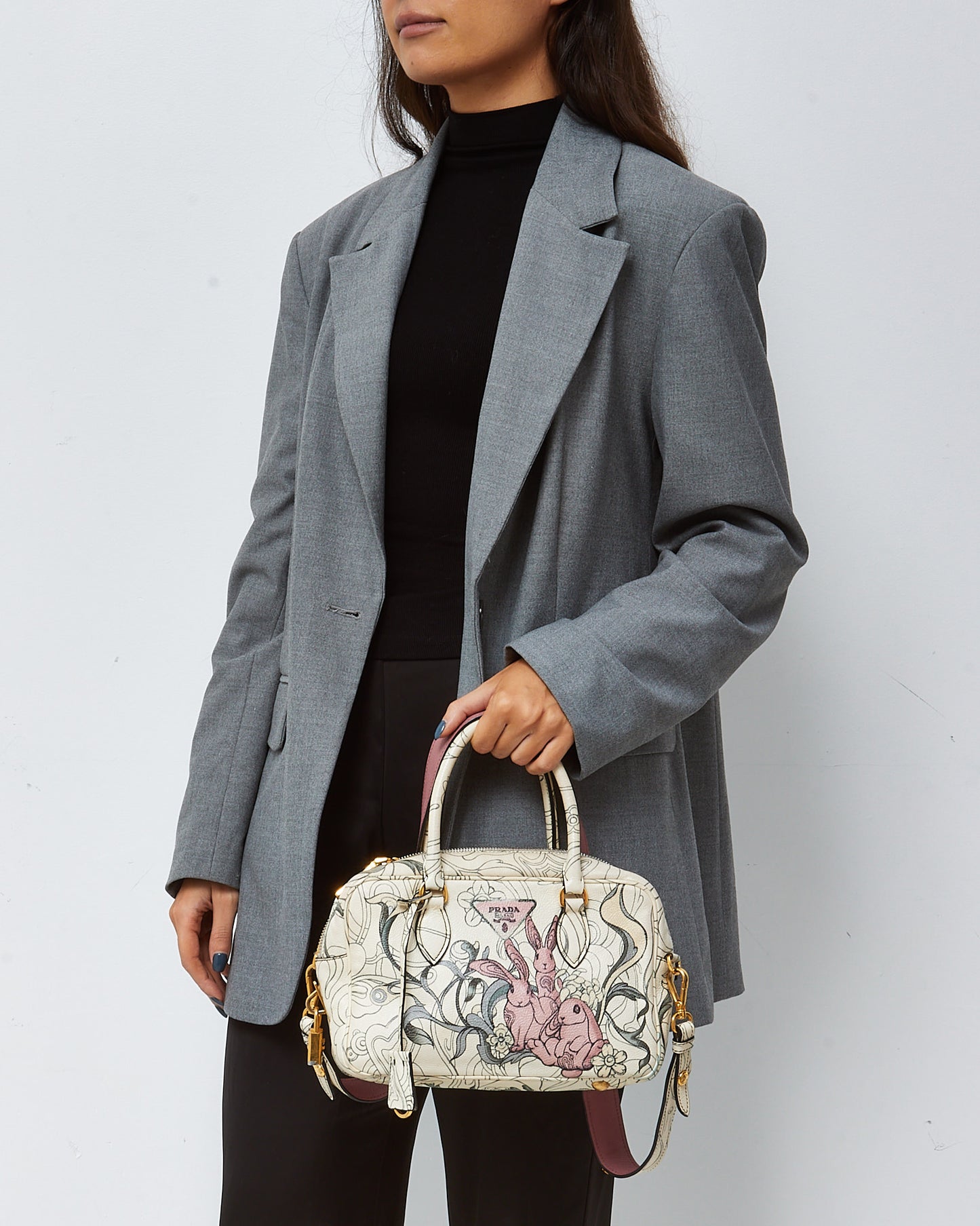 Prada x James Jean Limited Edition White Opaline Glace Calfskin Rabbit Print Bauletto Top Handle Bag with Strap