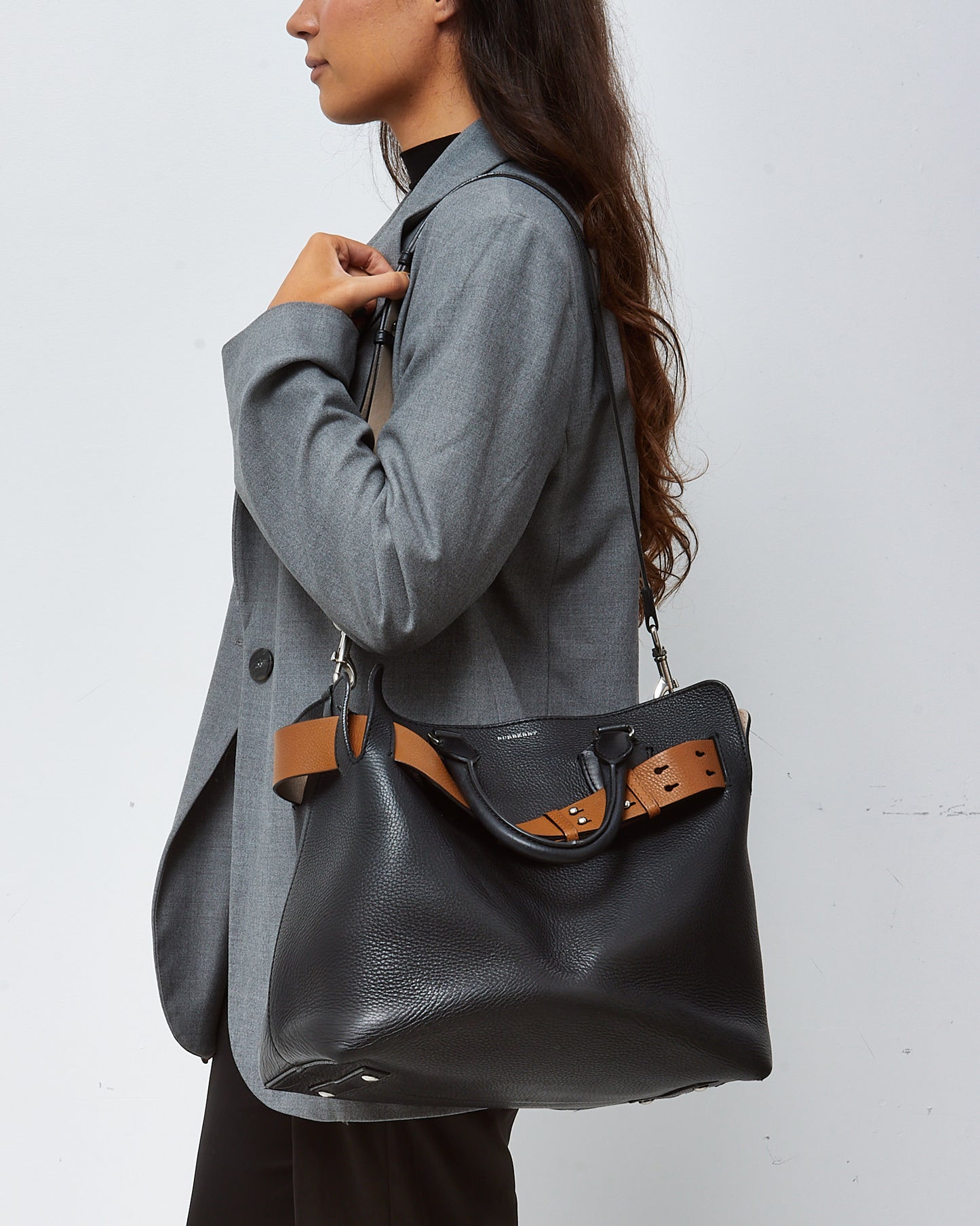 Burberry Black Leather and Beige Belted Medium Marais Tote Bag with Strap