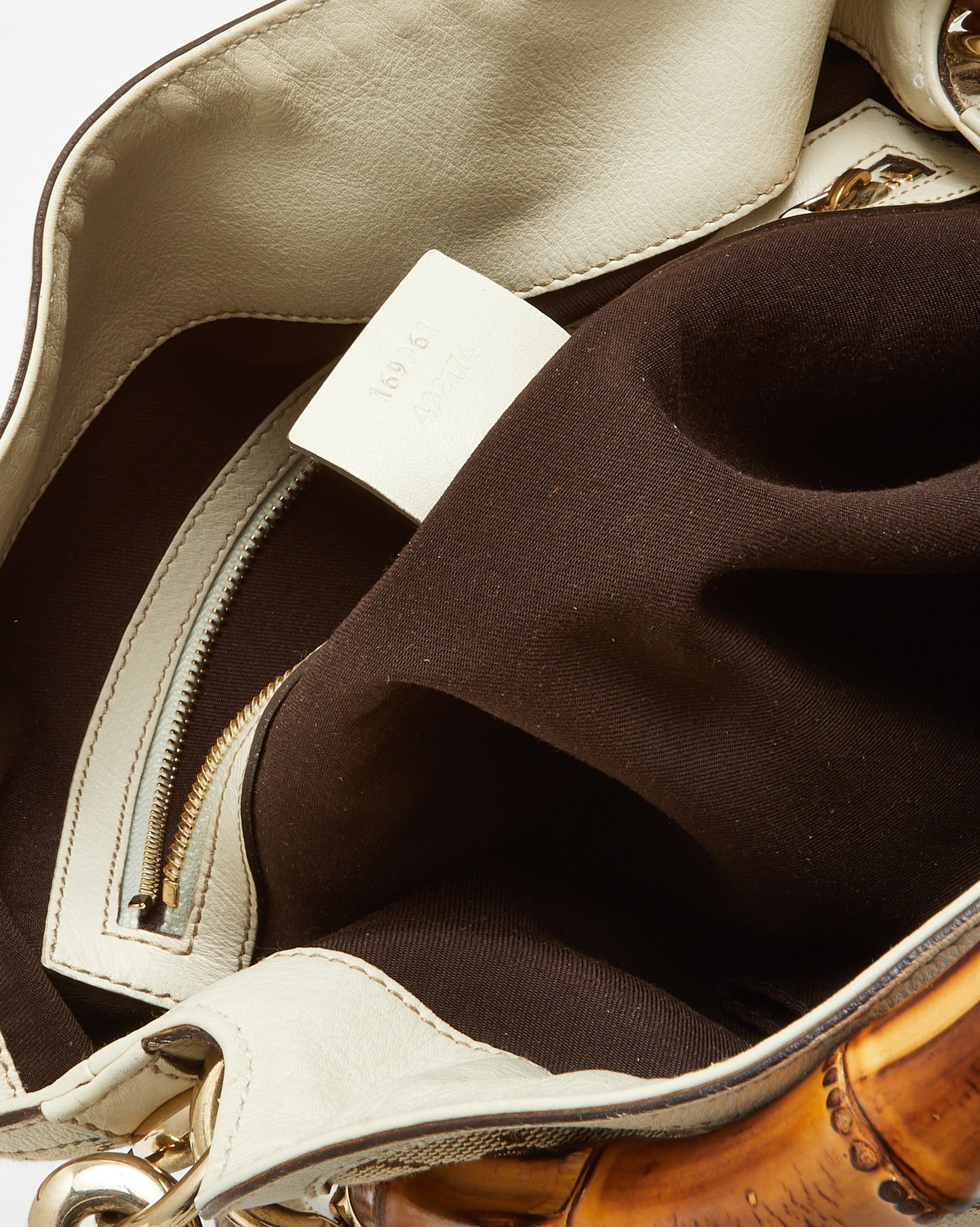 Gucci White Leather and Beige/Ebony GG Canvas Bamboo Peggy 2Way Shoulder Bag