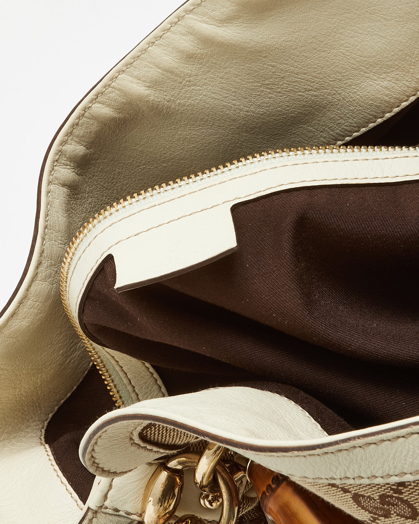 Gucci White Leather and Beige/Ebony GG Canvas Bamboo Peggy 2Way Shoulder Bag