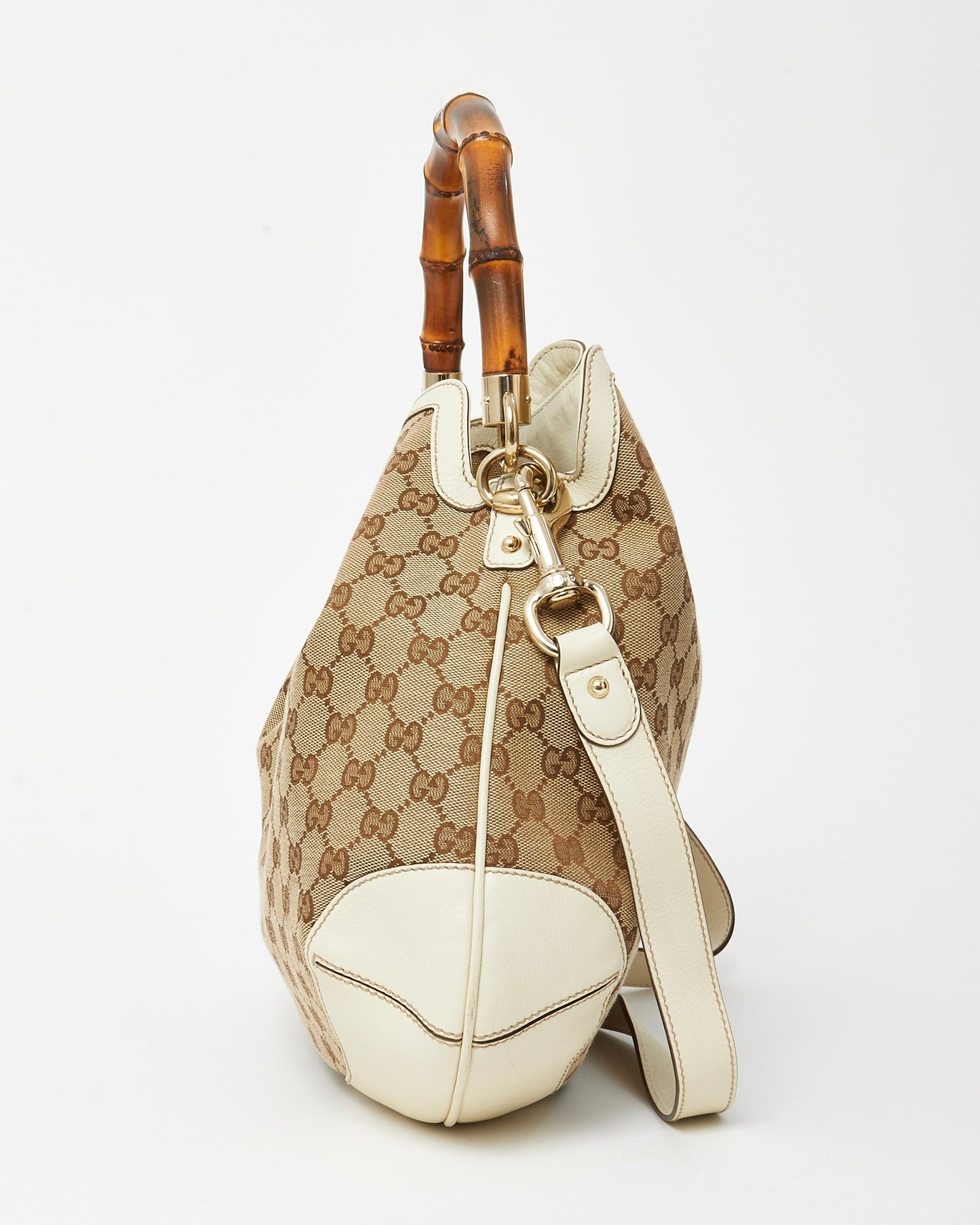 Gucci White Leather and Beige/Ebony GG Canvas Bamboo Peggy 2Way Shoulder Bag