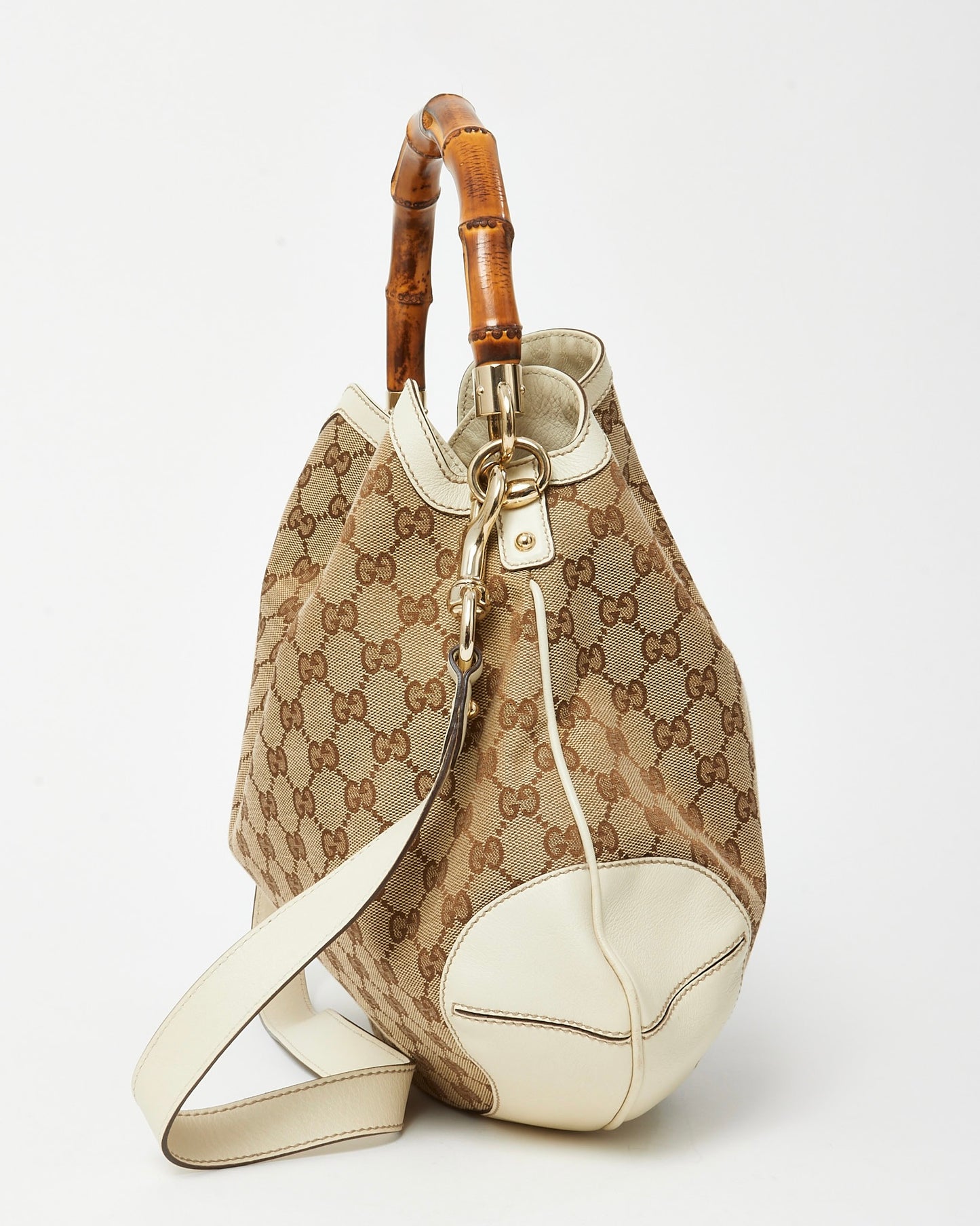 Gucci White Leather and Beige/Ebony GG Canvas Bamboo Peggy 2Way Shoulder Bag