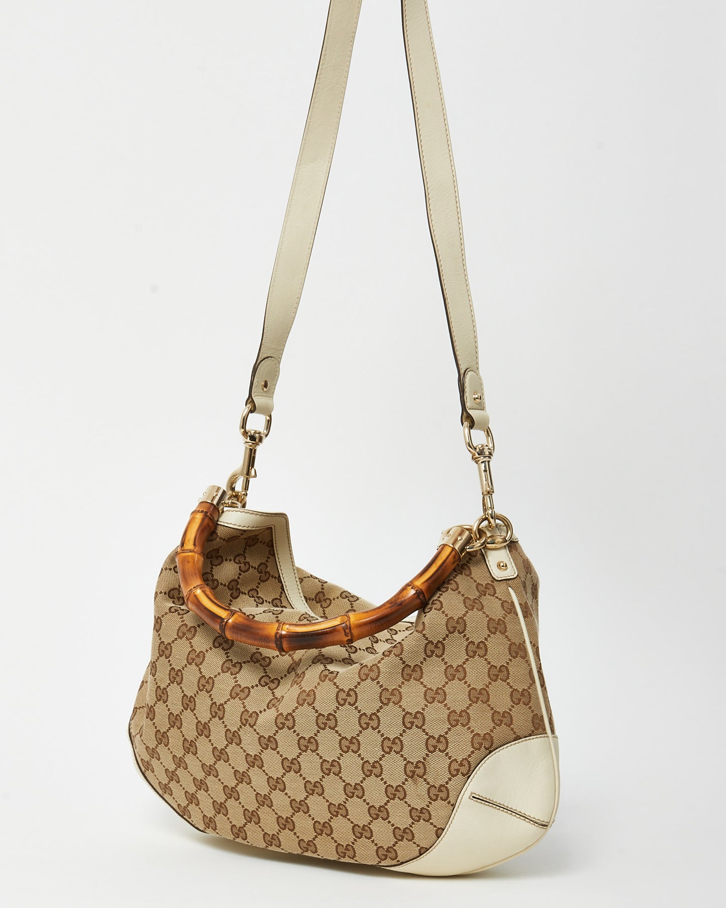 Gucci White Leather and Beige/Ebony GG Canvas Bamboo Peggy 2Way Shoulder Bag