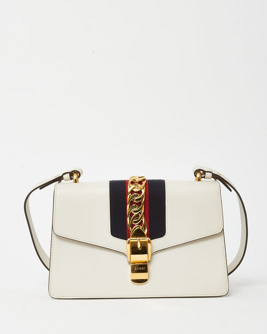 Gucci White Leather Small Web Sylvie Shoulder Bag