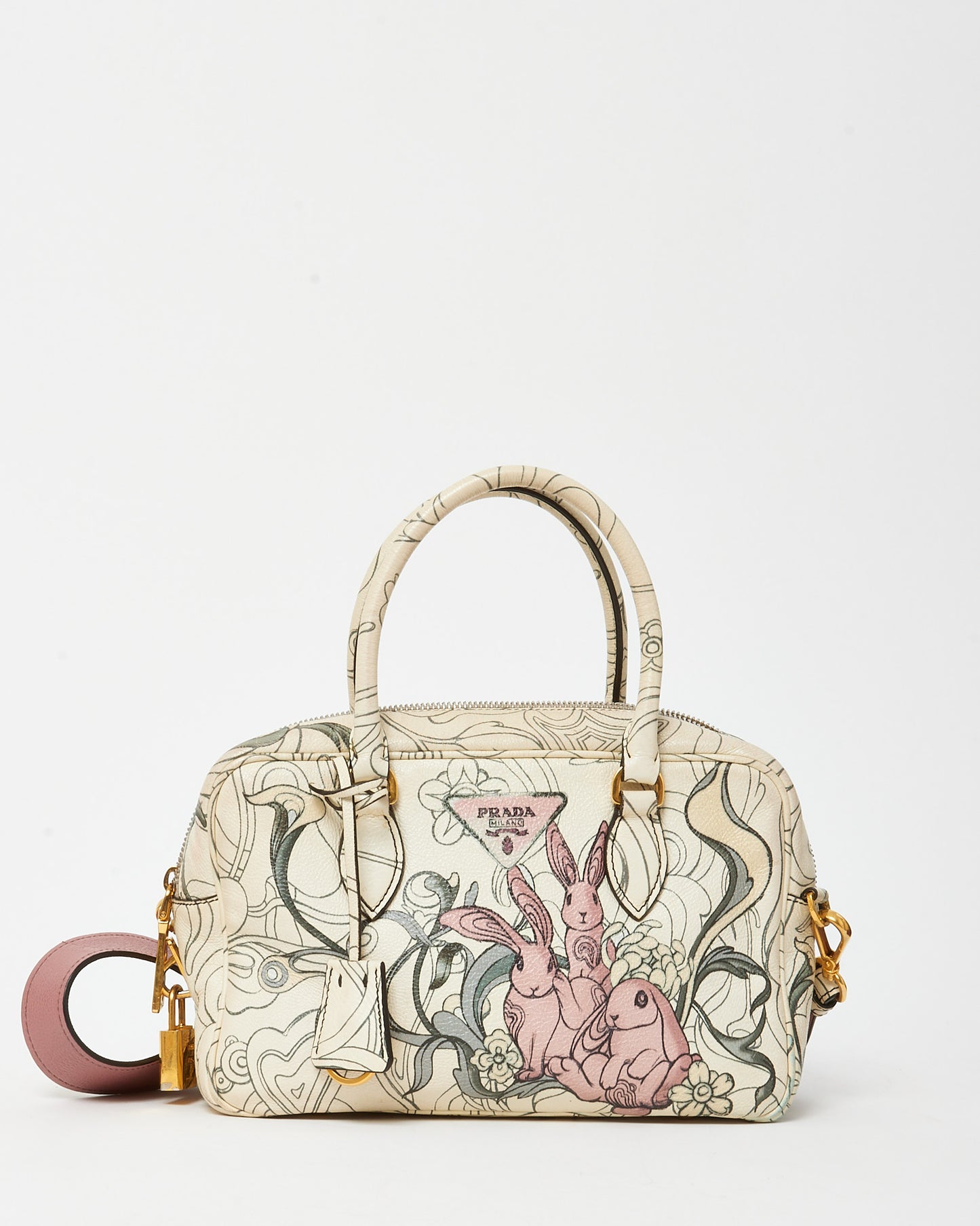 Prada x James Jean Limited Edition White Opaline Glace Calfskin Rabbit Print Bauletto Top Handle Bag with Strap