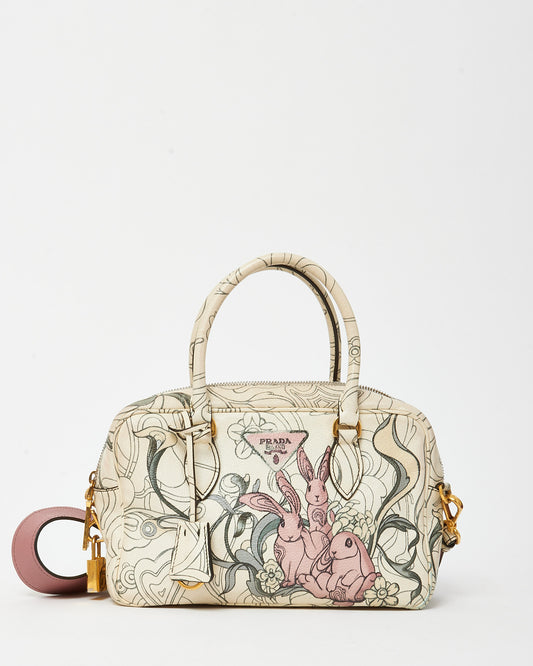 Prada x James Jean Limited Edition White Opaline Glace Calfskin Rabbit Print Bauletto Top Handle Bag with Strap