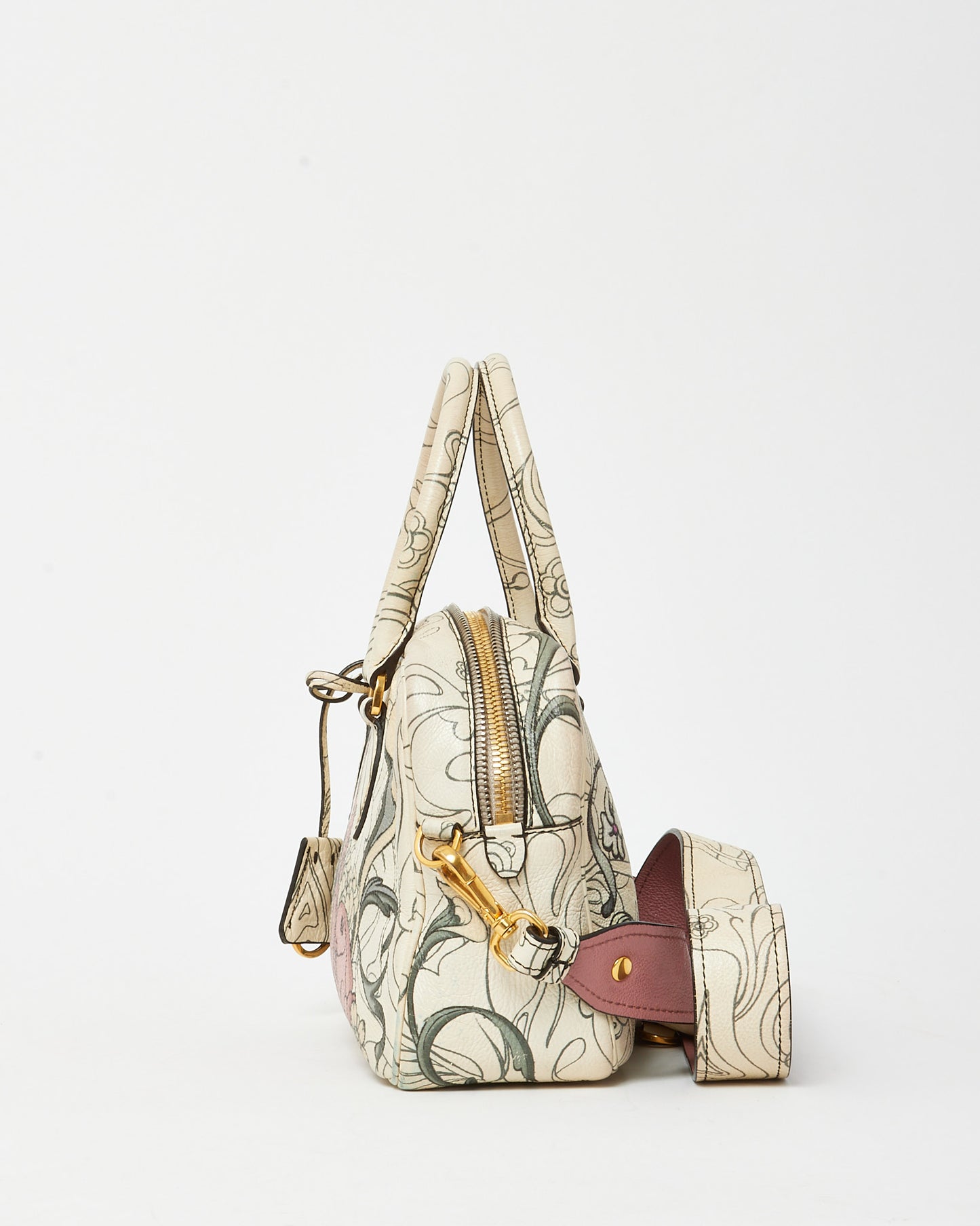 Prada x James Jean Limited Edition White Opaline Glace Calfskin Rabbit Print Bauletto Top Handle Bag with Strap