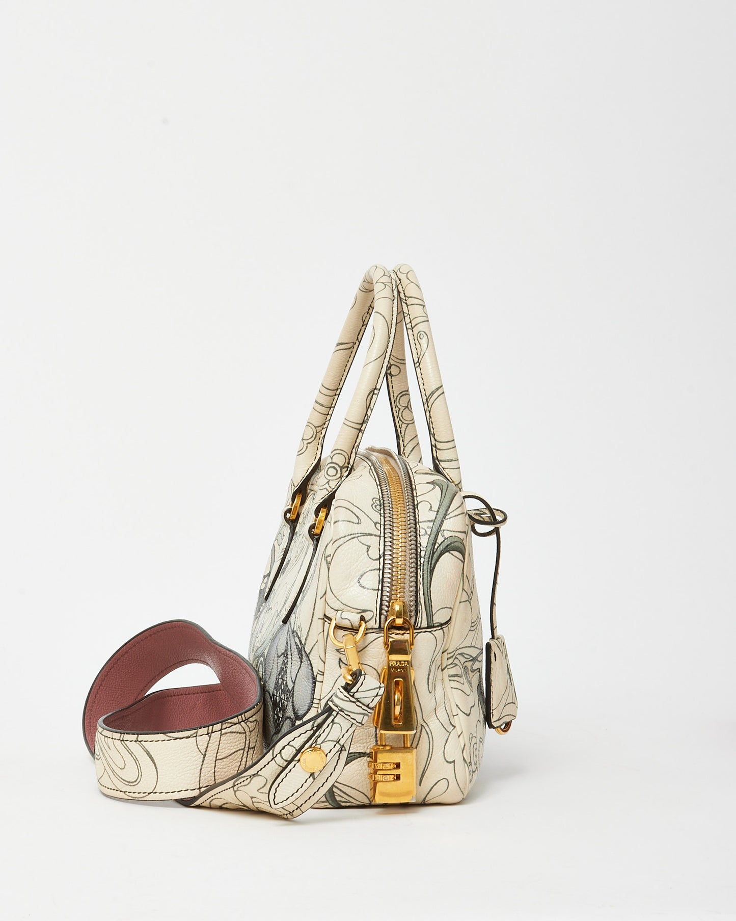 Prada x James Jean Limited Edition White Opaline Glace Calfskin Rabbit Print Bauletto Top Handle Bag with Strap