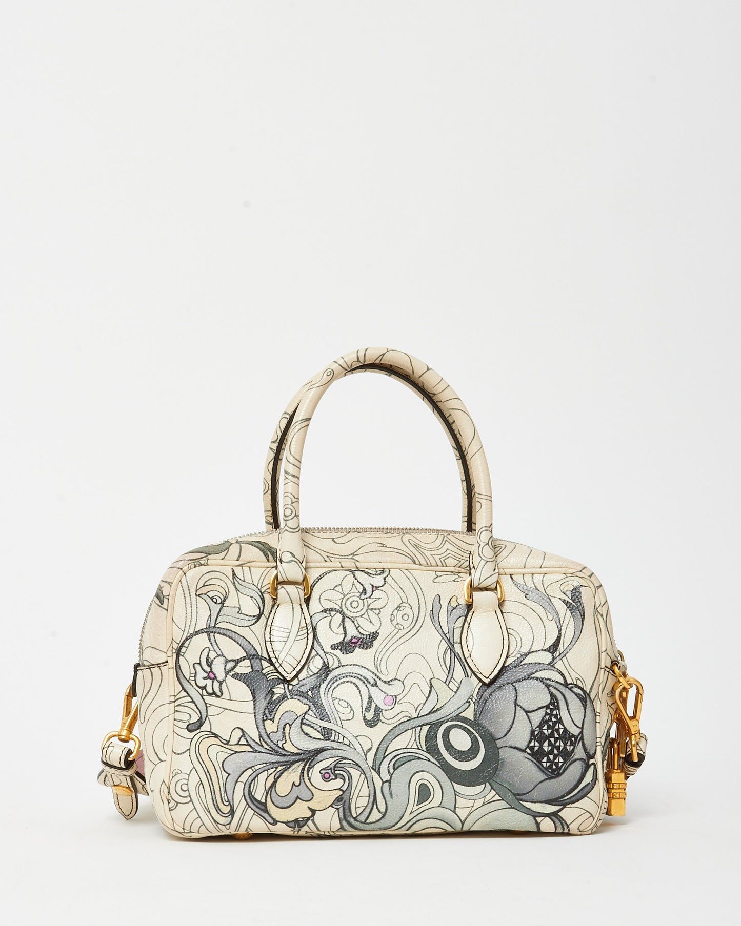 Prada x James Jean Limited Edition White Opaline Glace Calfskin Rabbit Print Bauletto Top Handle Bag with Strap