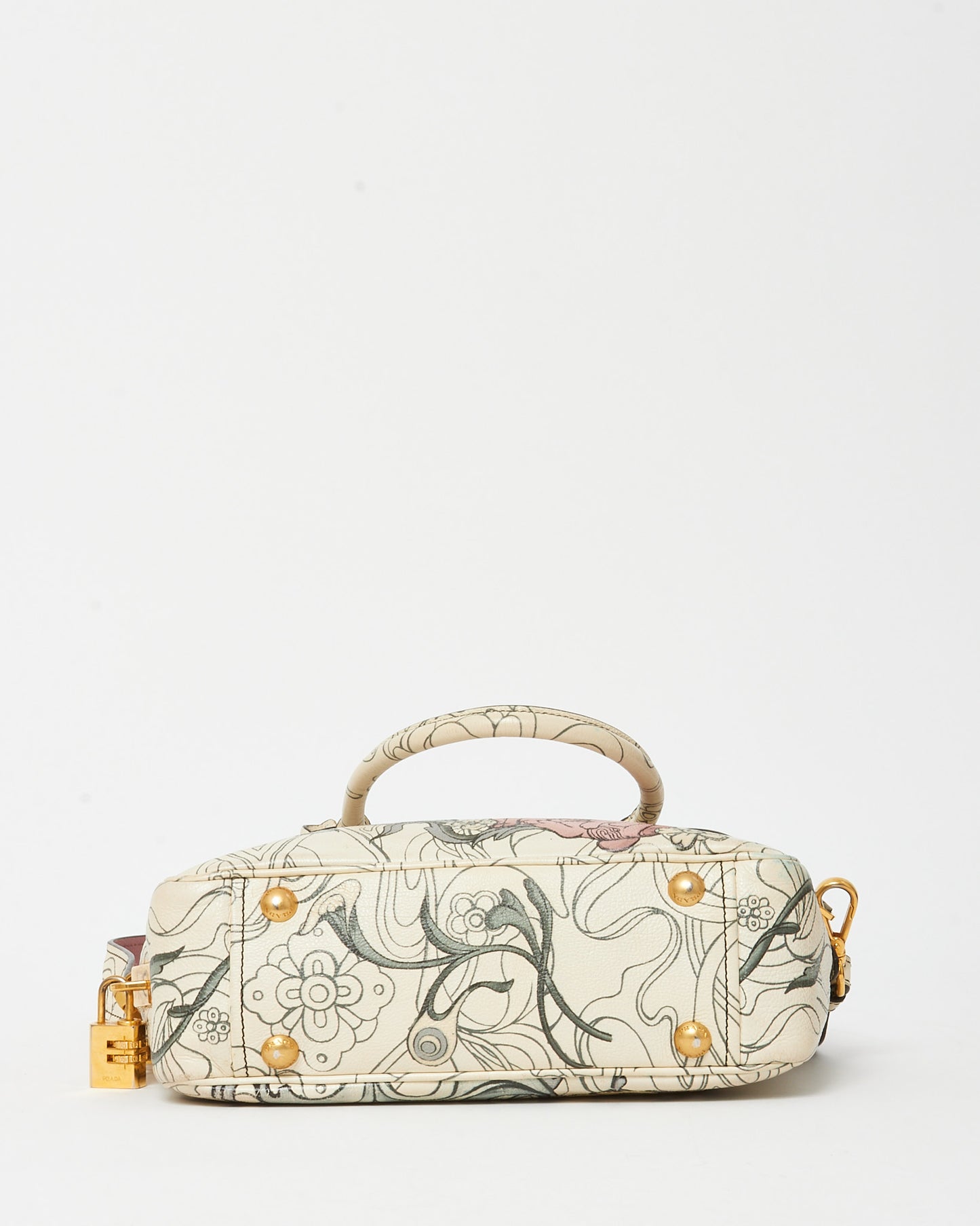 Prada x James Jean Limited Edition White Opaline Glace Calfskin Rabbit Print Bauletto Top Handle Bag with Strap