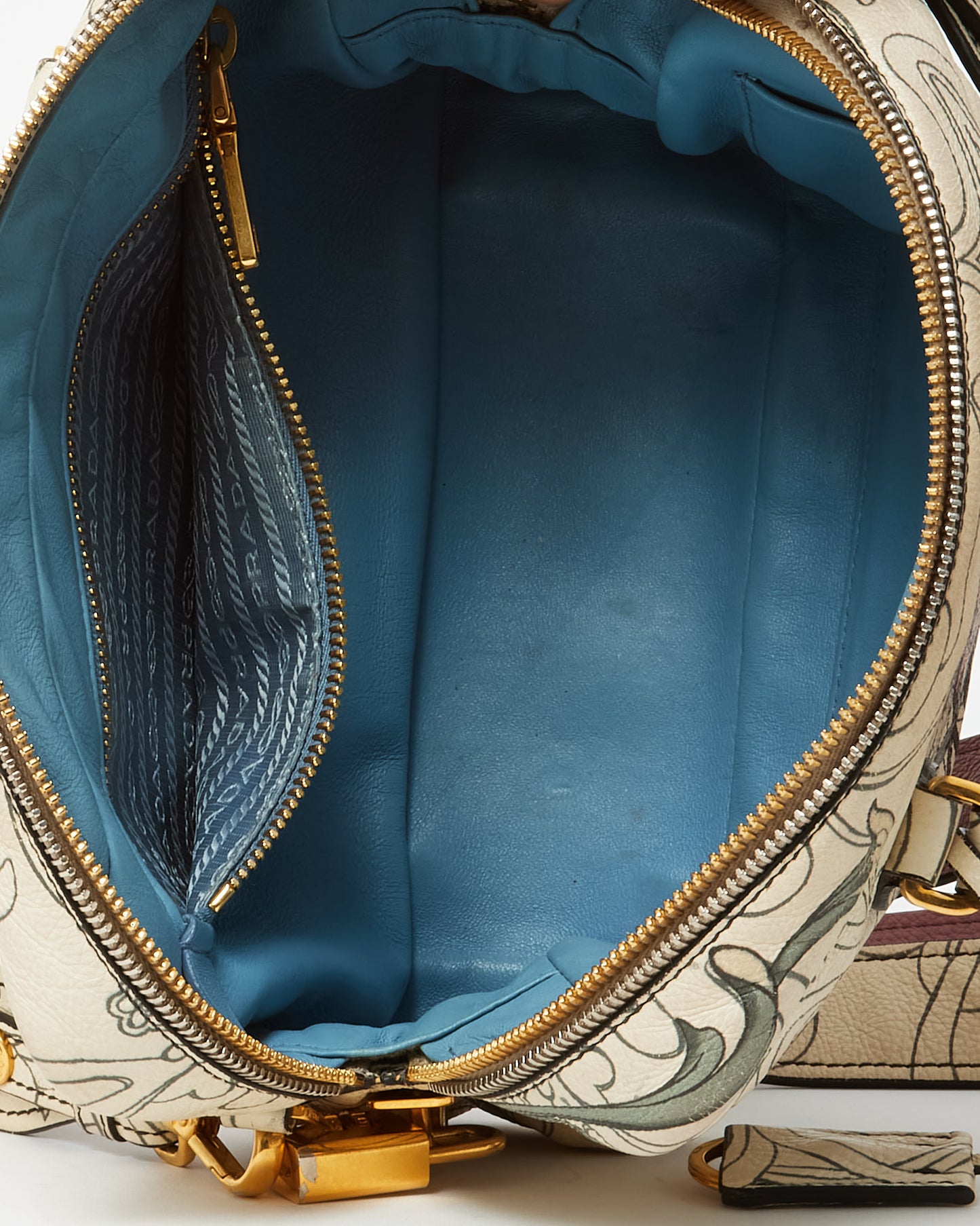 Prada x James Jean Limited Edition White Opaline Glace Calfskin Rabbit Print Bauletto Top Handle Bag with Strap