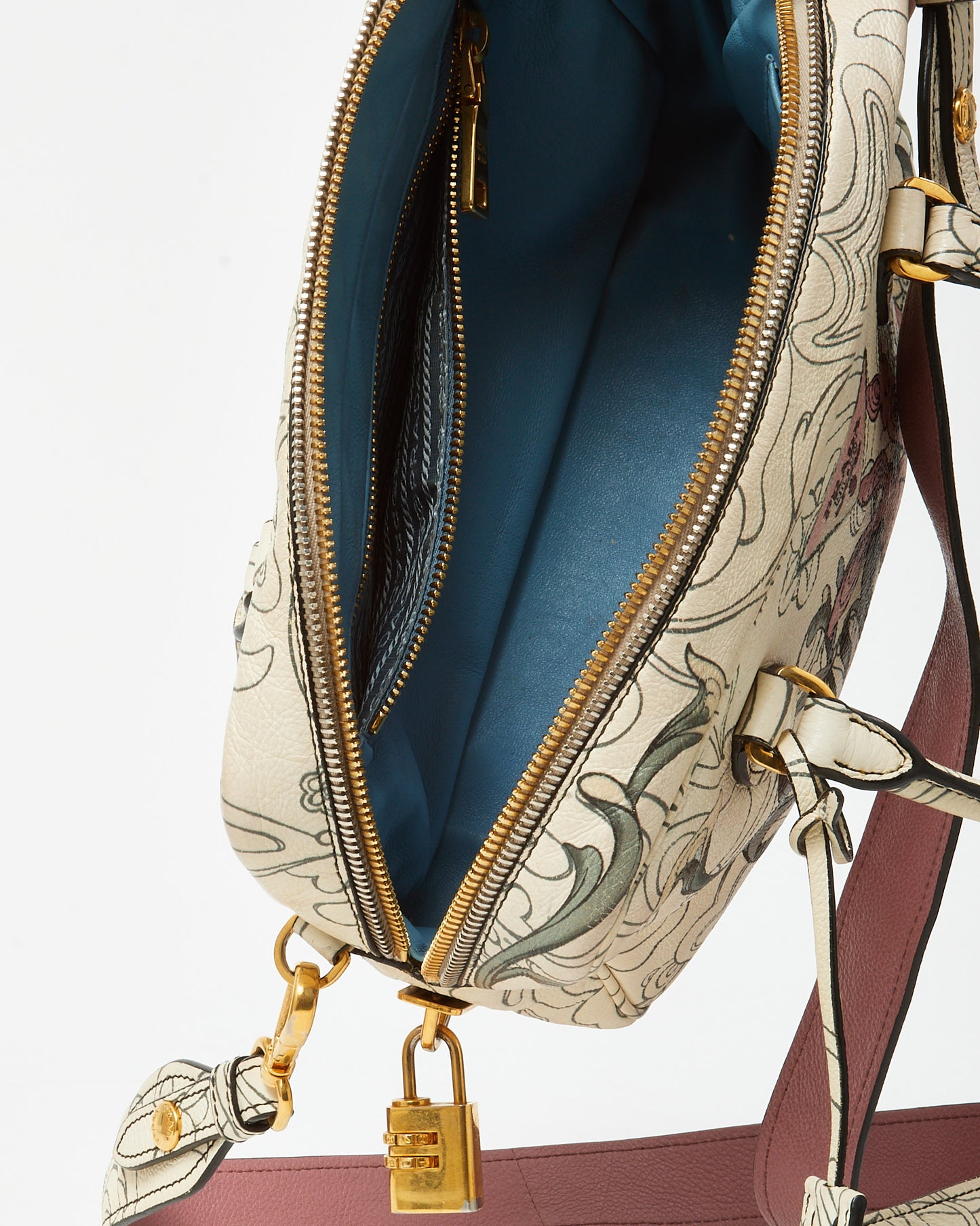 Prada x James Jean Limited Edition White Opaline Glace Calfskin Rabbit Print Bauletto Top Handle Bag with Strap