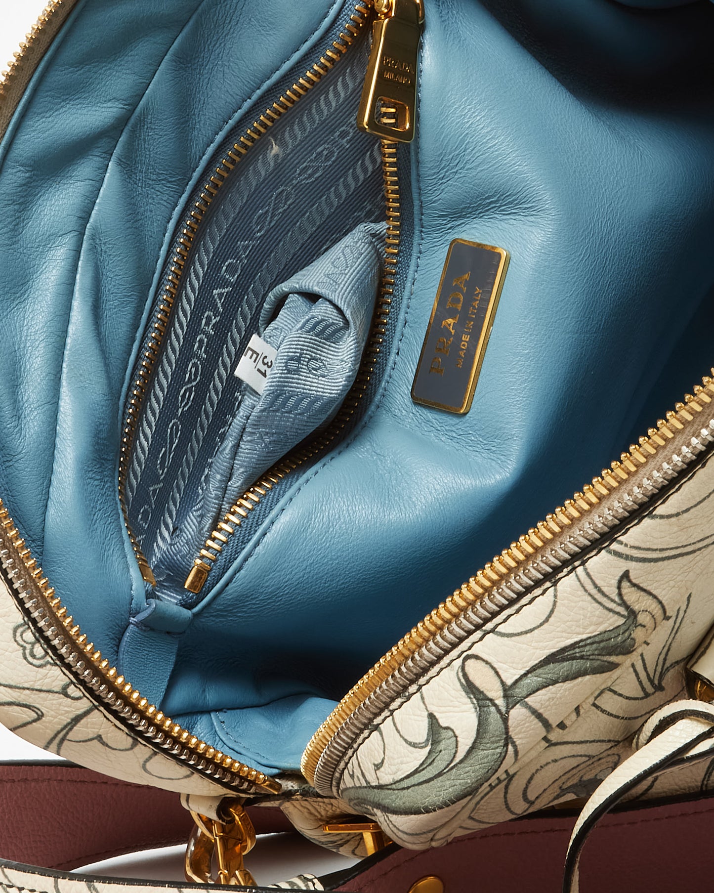 Prada x James Jean Limited Edition White Opaline Glace Calfskin Rabbit Print Bauletto Top Handle Bag with Strap