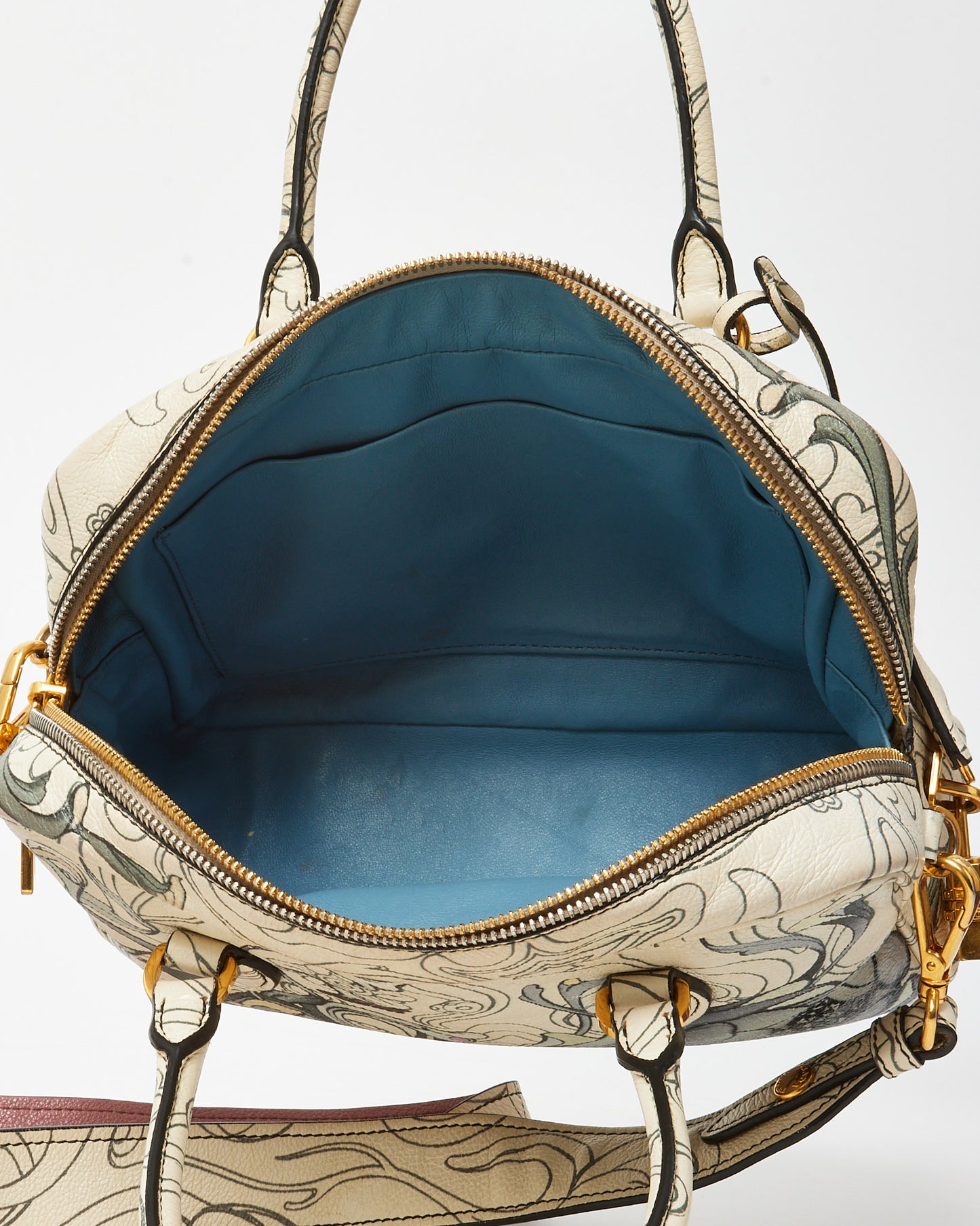 Prada x James Jean Limited Edition White Opaline Glace Calfskin Rabbit Print Bauletto Top Handle Bag with Strap