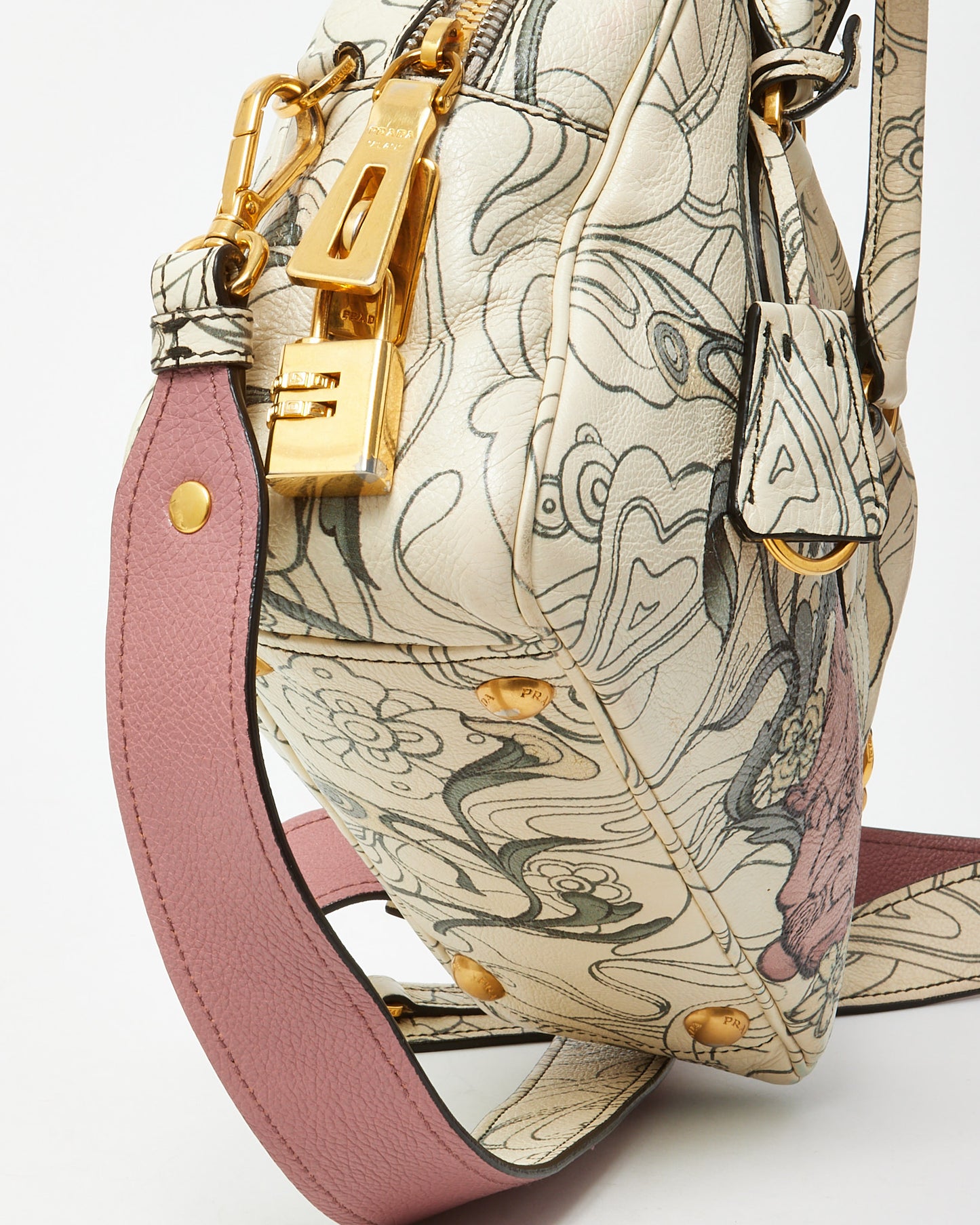 Prada x James Jean Limited Edition White Opaline Glace Calfskin Rabbit Print Bauletto Top Handle Bag with Strap