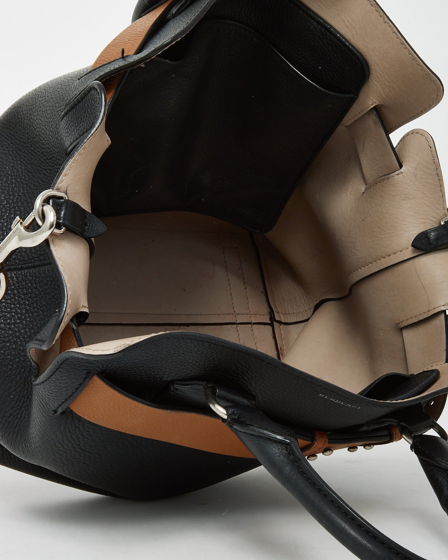 Burberry Black Leather and Beige Belted Medium Marais Tote Bag with Strap