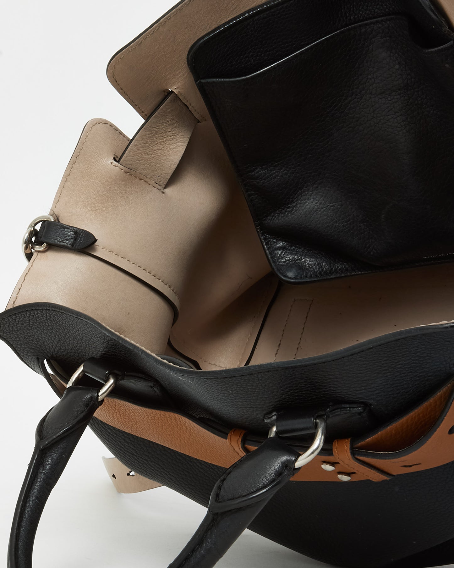 Burberry Black Leather and Beige Belted Medium Marais Tote Bag with Strap