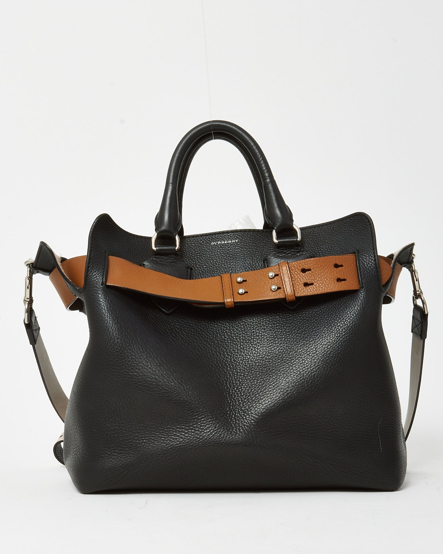 Burberry Black Leather and Beige Belted Medium Marais Tote Bag with Strap