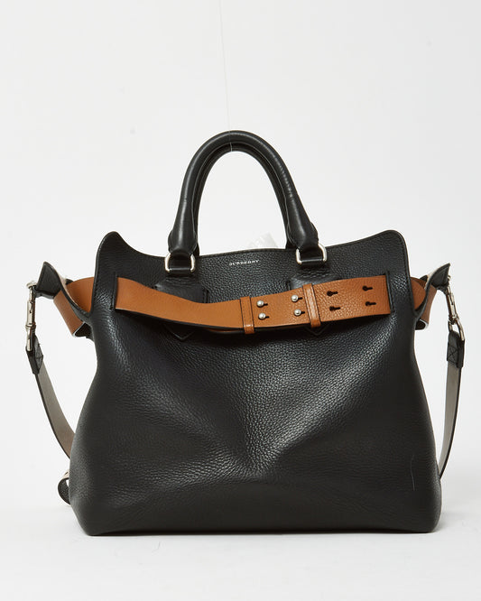Burberry Black Leather and Beige Belted Medium Marais Tote Bag with Strap