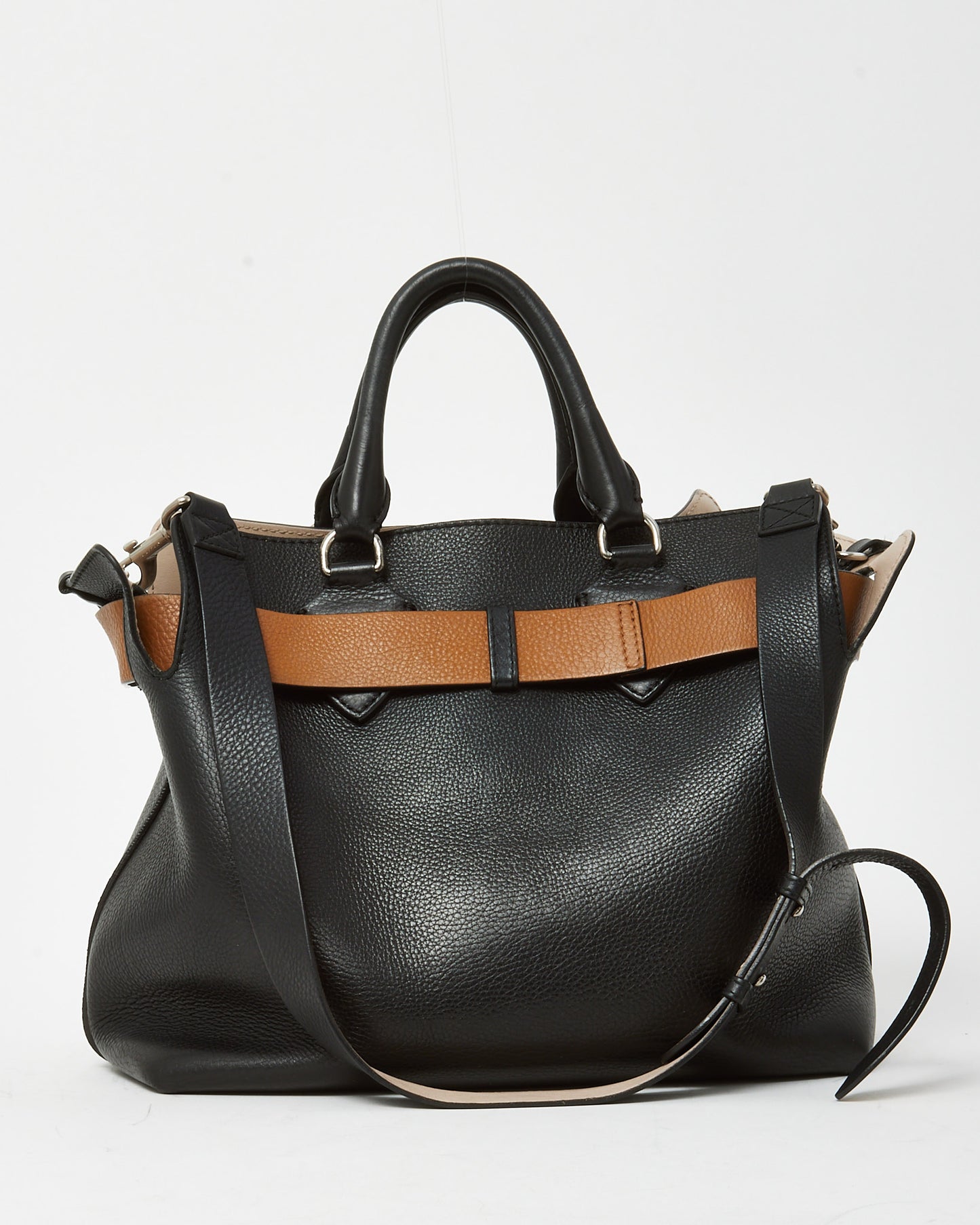 Burberry Black Leather and Beige Belted Medium Marais Tote Bag with Strap