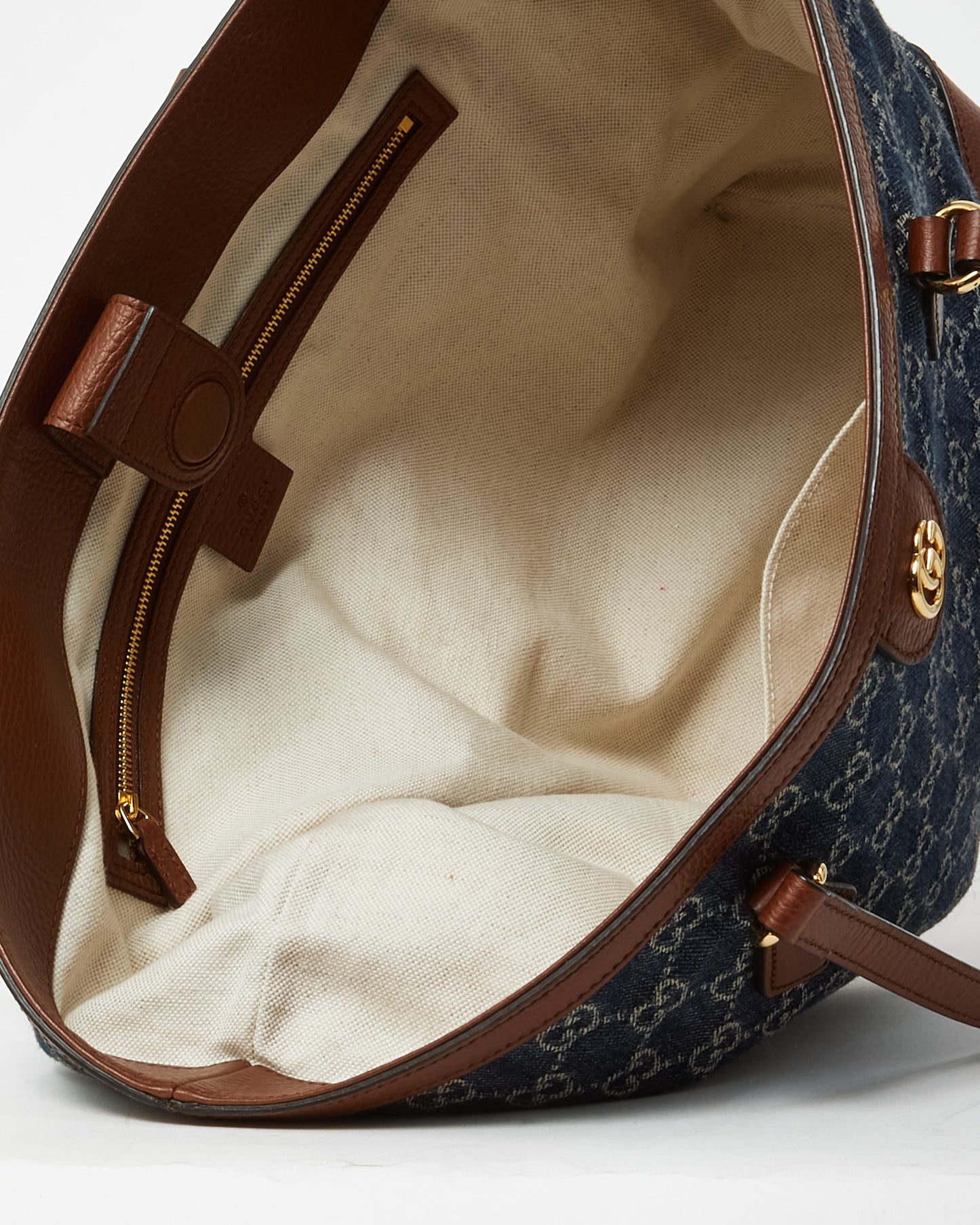 Gucci Brown Leather & Blue Denim Monogram Medium Ophidia Tote Bag