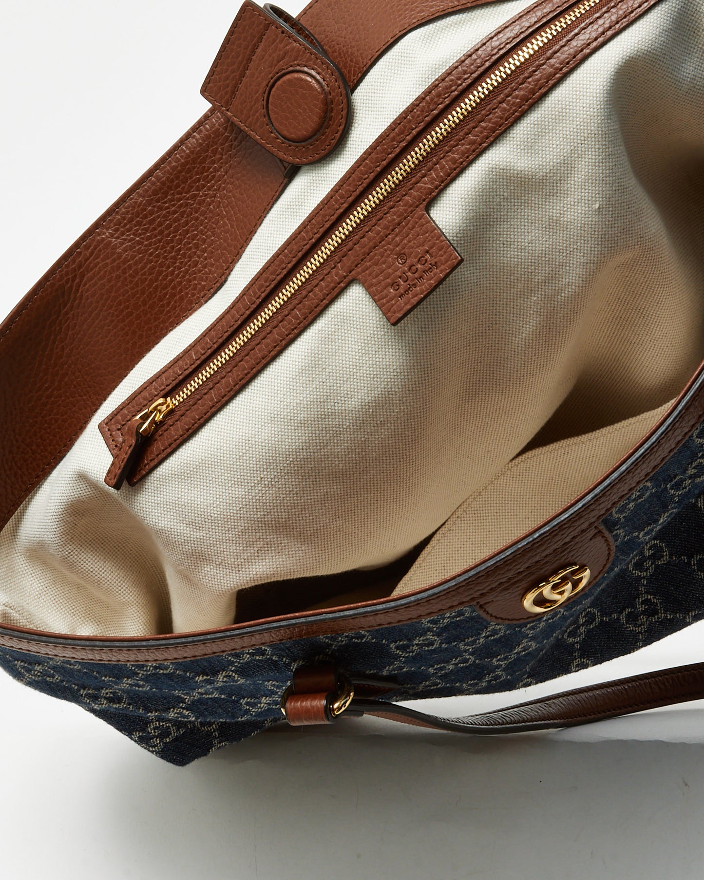 Gucci Brown Leather & Blue Denim Monogram Medium Ophidia Tote Bag