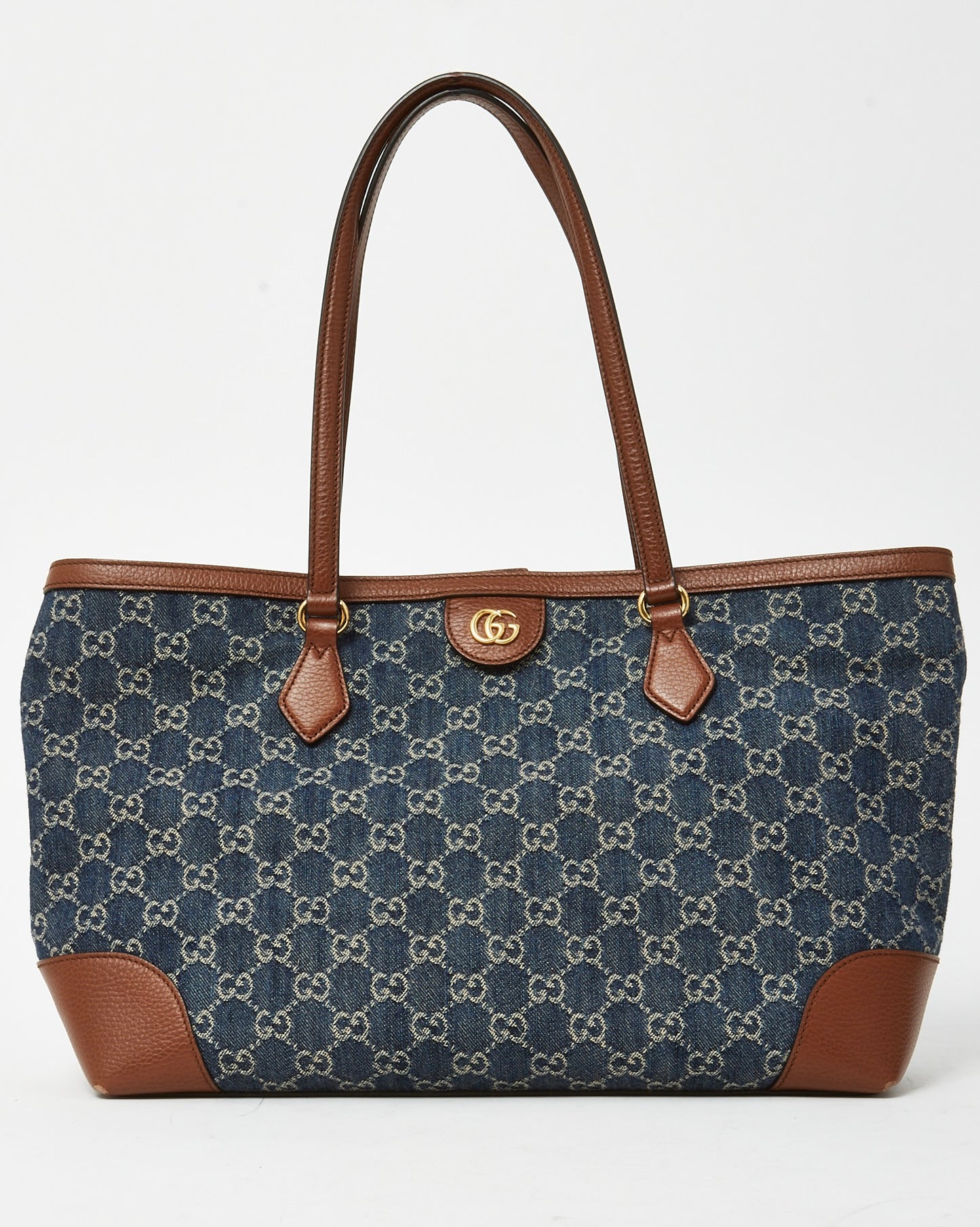 Gucci Brown Leather & Blue Denim Monogram Medium Ophidia Tote Bag