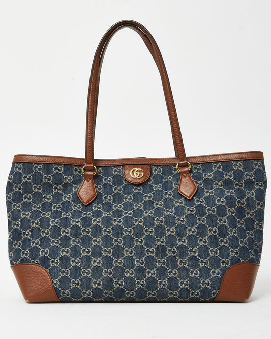 Gucci Brown Leather & Blue Denim Monogram Medium Ophidia Tote Bag