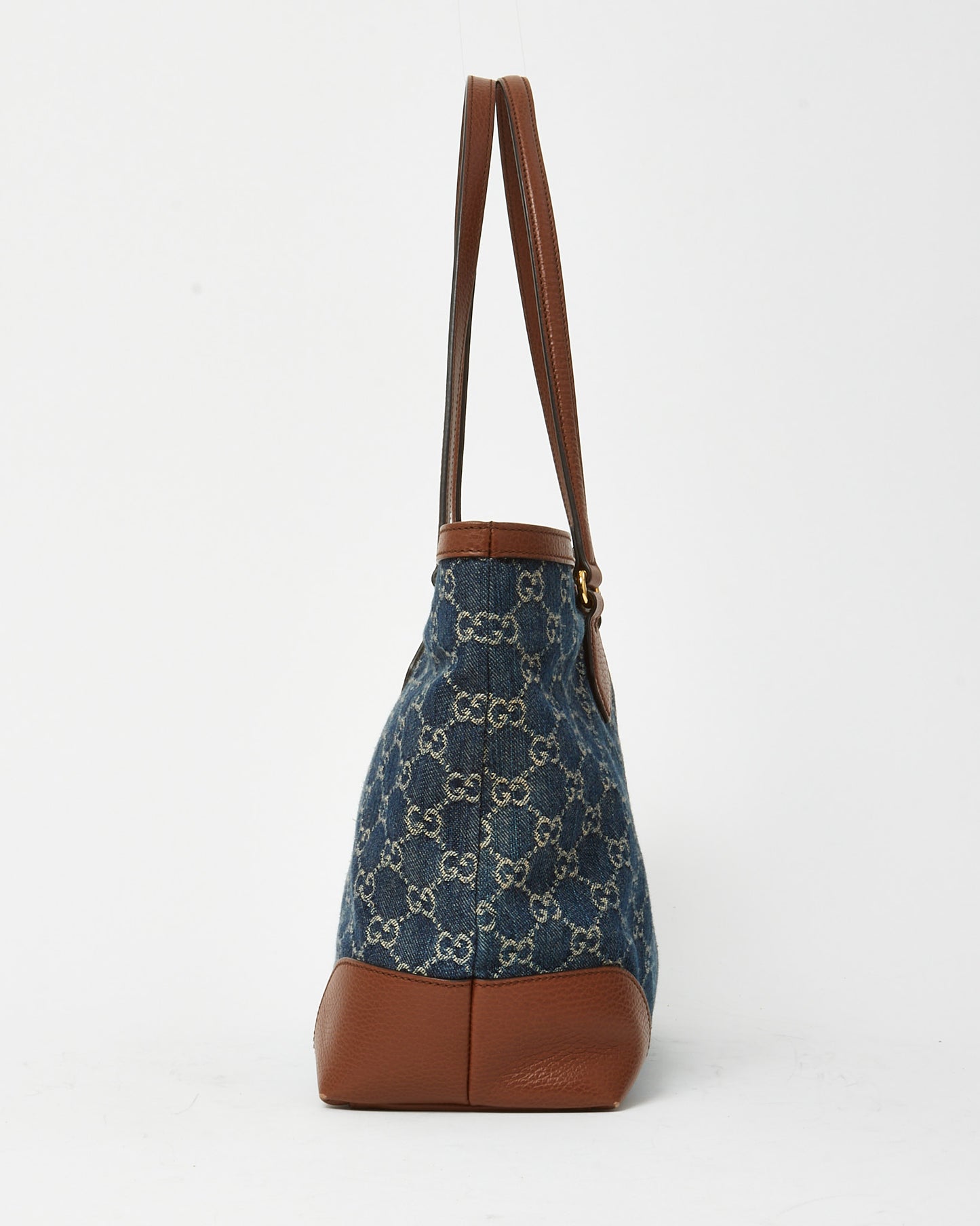 Gucci Brown Leather & Blue Denim Monogram Medium Ophidia Tote Bag
