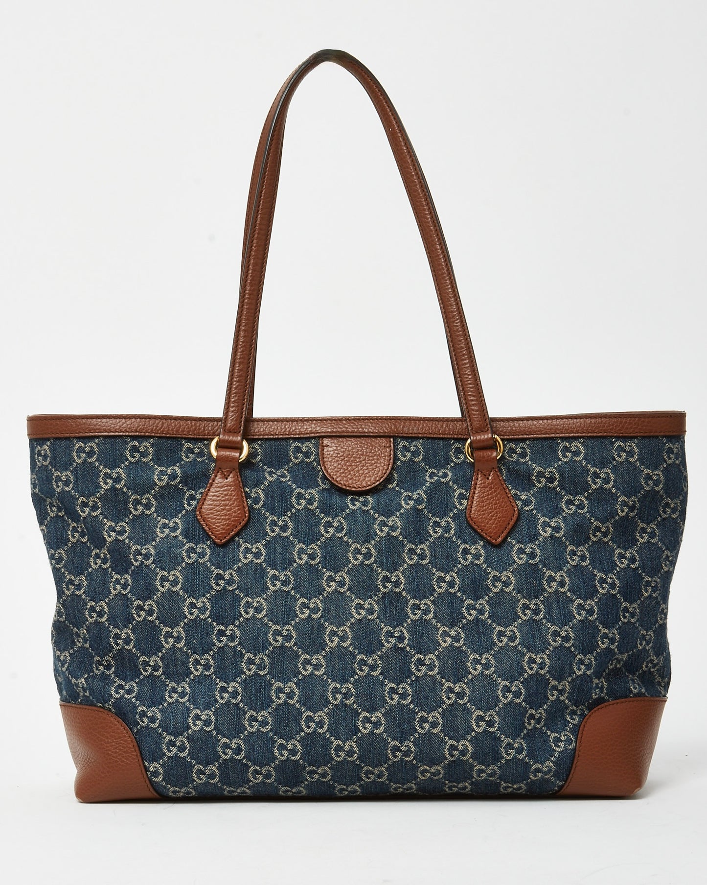 Gucci Brown Leather & Blue Denim Monogram Medium Ophidia Tote Bag