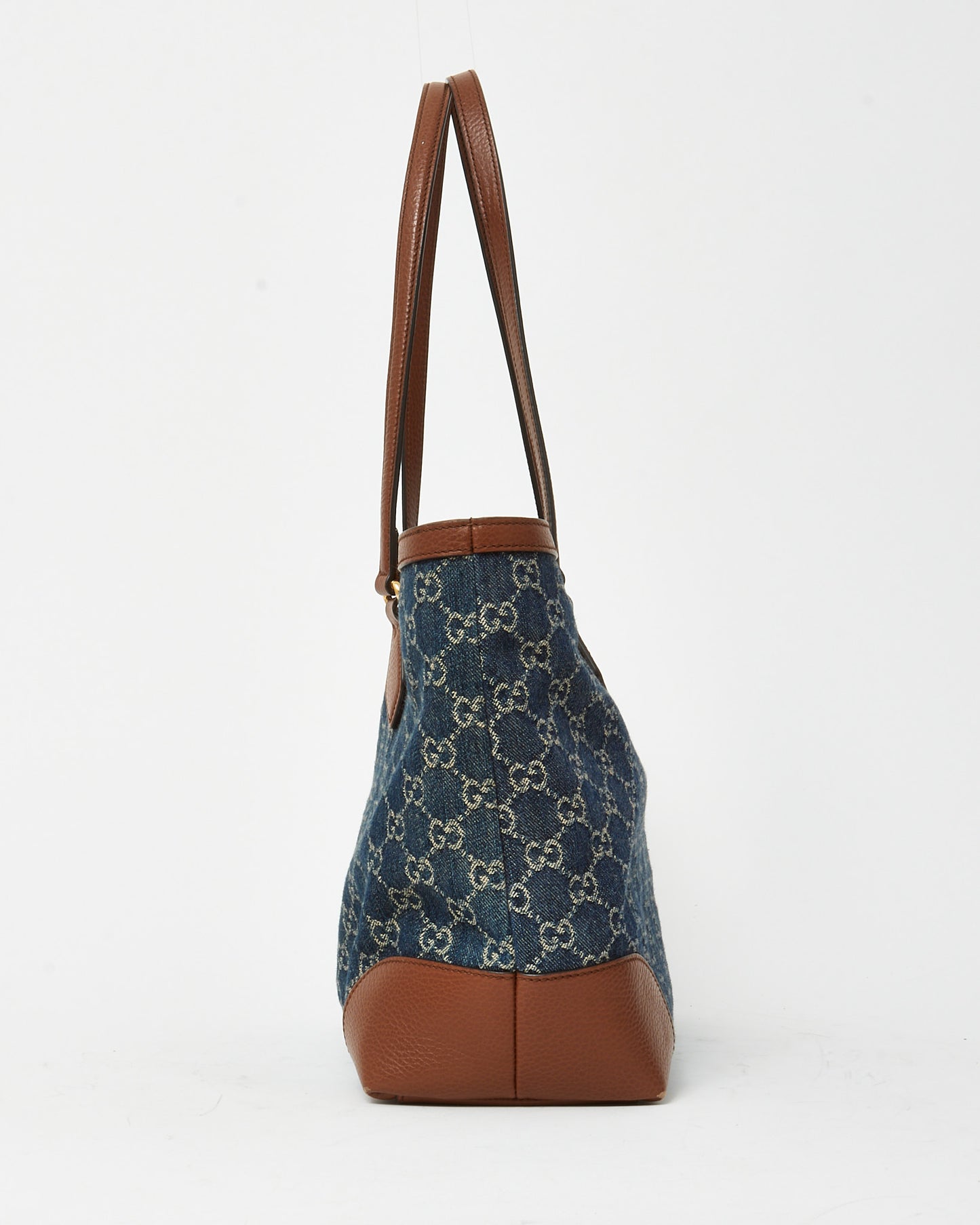 Gucci Brown Leather & Blue Denim Monogram Medium Ophidia Tote Bag