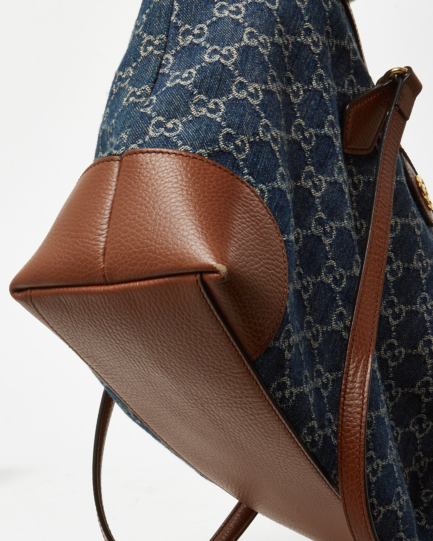 Gucci Brown Leather & Blue Denim Monogram Medium Ophidia Tote Bag