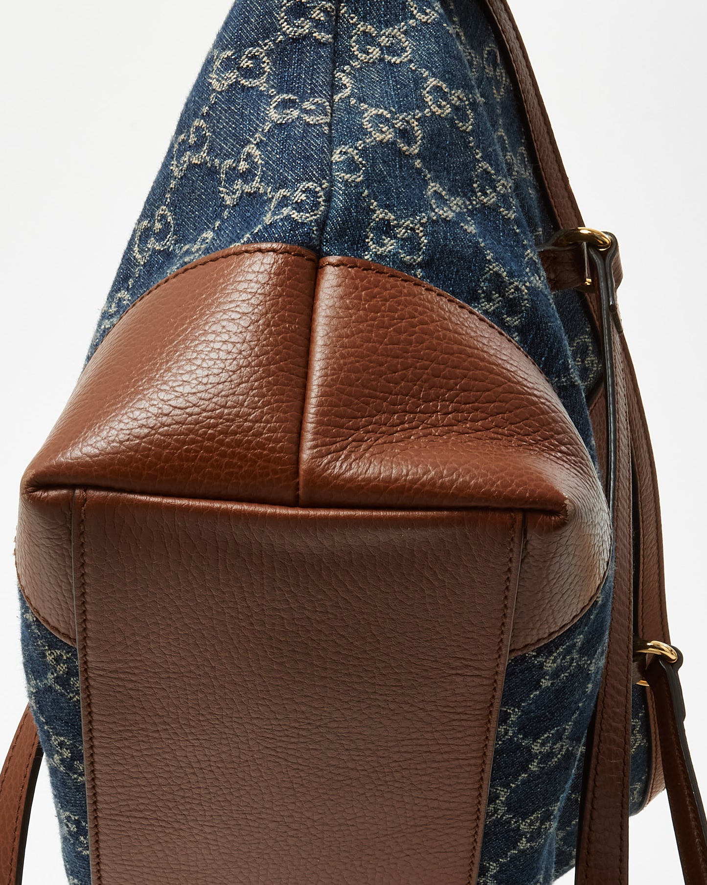 Gucci Brown Leather & Blue Denim Monogram Medium Ophidia Tote Bag