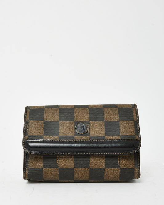 Fendi Vintage Brown Pequin Check Coated Canvas Fold Over Clutch