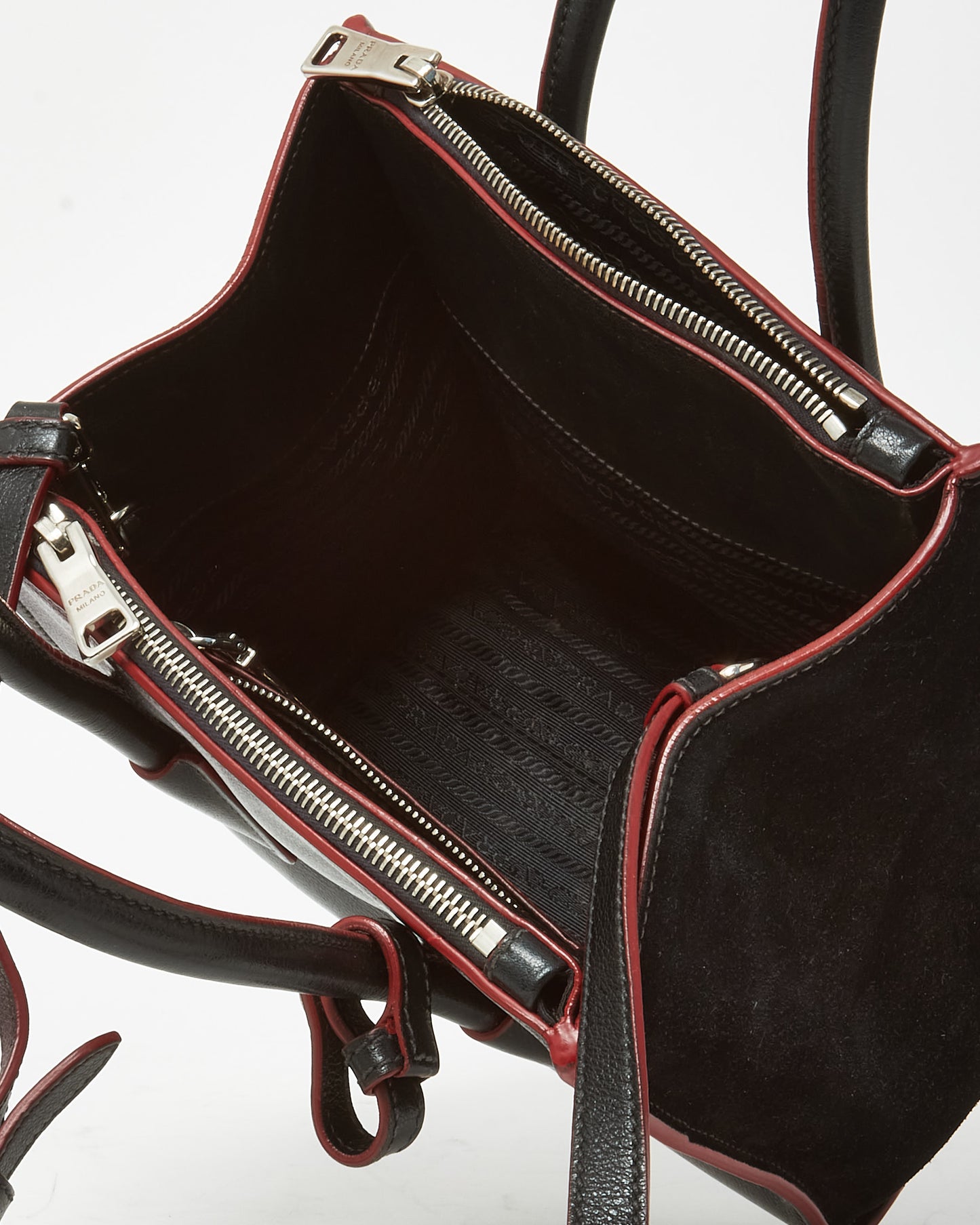 Prada Black and Red Trim Glace Calf Leather & Scamosciato Twin Pocket Tote with Strap