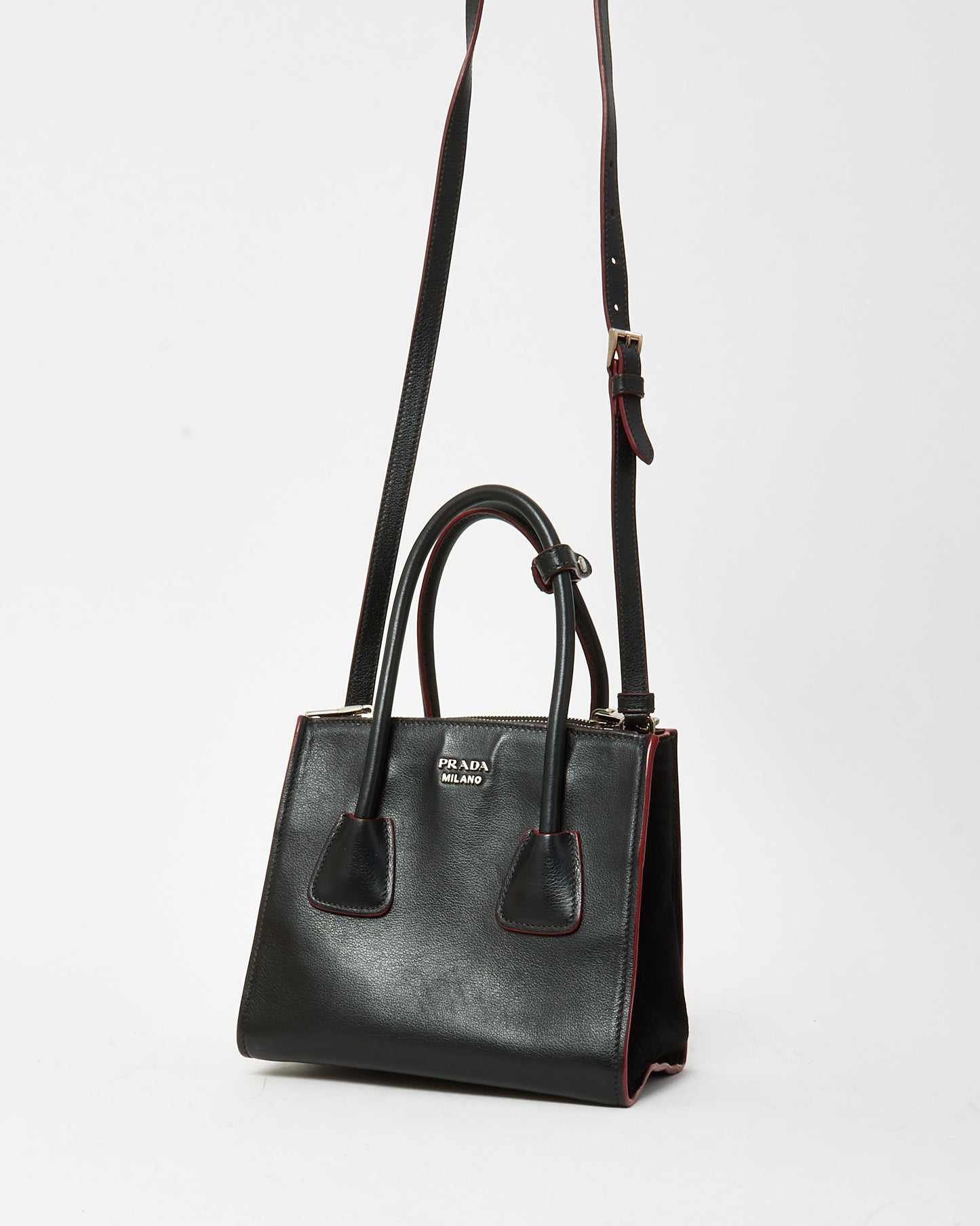 Prada Black and Red Trim Glace Calf Leather & Scamosciato Twin Pocket Tote with Strap