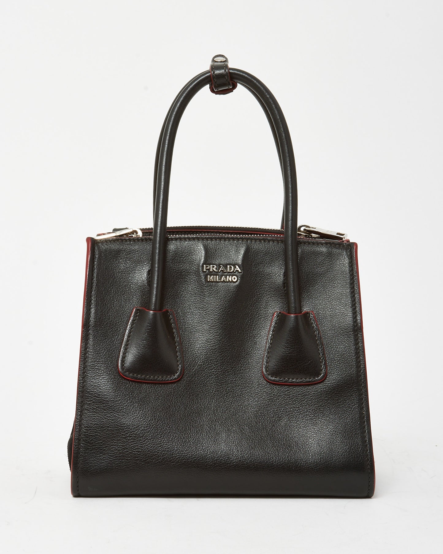 Prada Black and Red Trim Glace Calf Leather & Scamosciato Twin Pocket Tote with Strap