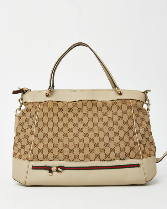Gucci White Leather and Beige/Ebony GG Canvas Large Mayfair 2Way Top Handle Bag with Strap