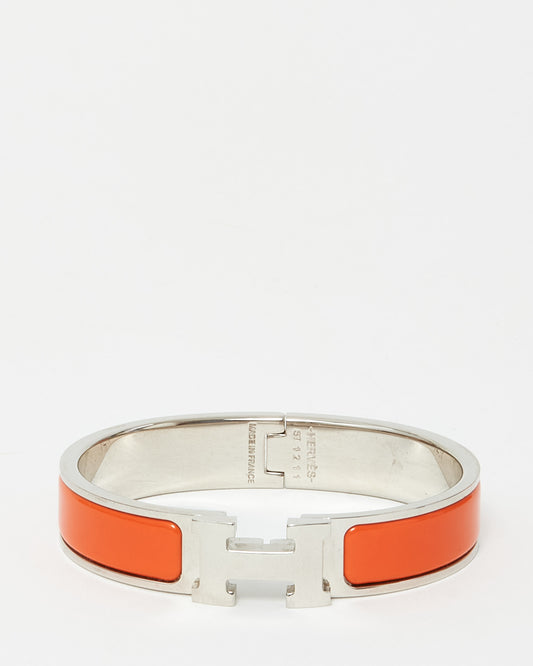 Hermès Palladium Plated and Orange Enamel Narrow Clic H Bracelet - PM