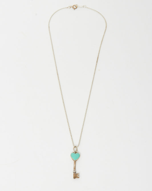 Tiffany & Co. Silver and Tiffany Blue Enamel Heart Key Pendant Necklace