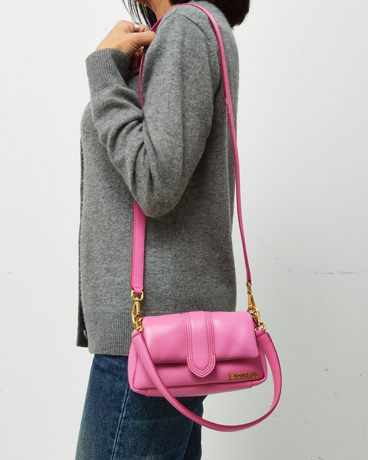 Jacquemus Pink Puffy Leather Le Petit Bambimou Shoulder Bag with Strap