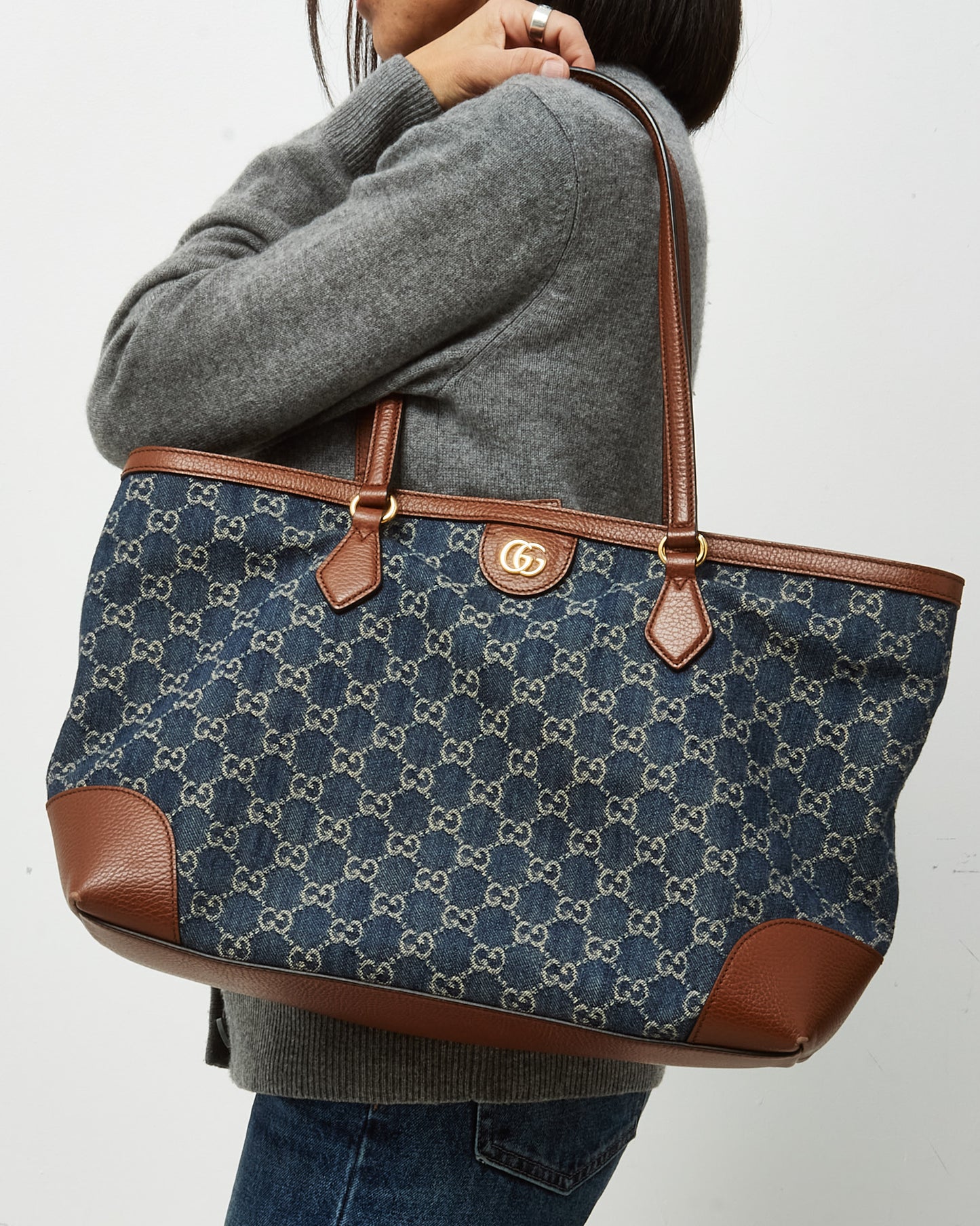 Gucci Brown Leather & Blue Denim Monogram Medium Ophidia Tote Bag