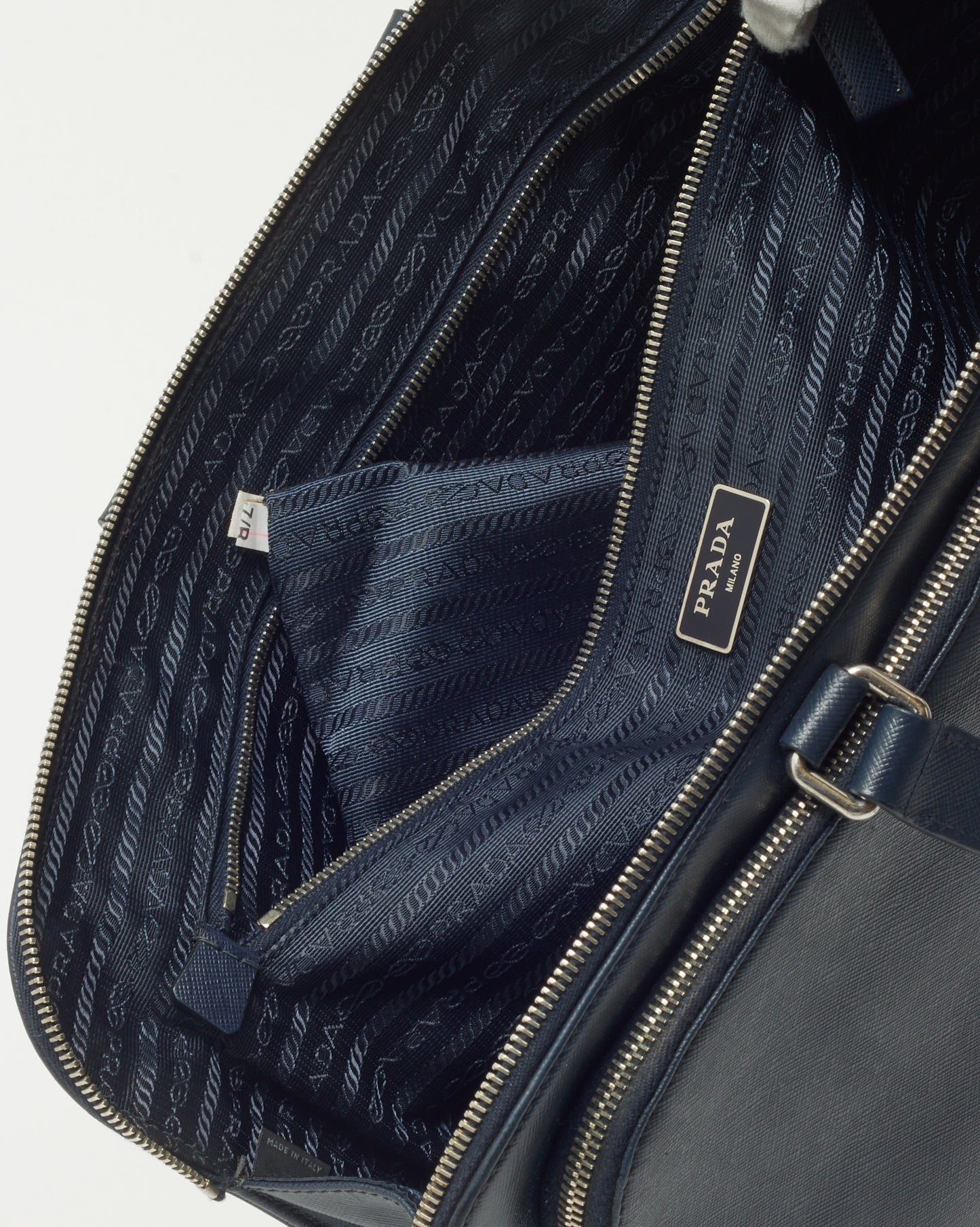 Prada Navy Saffiano Leather Triangle Logo Front Zip Pocket Briefcase
