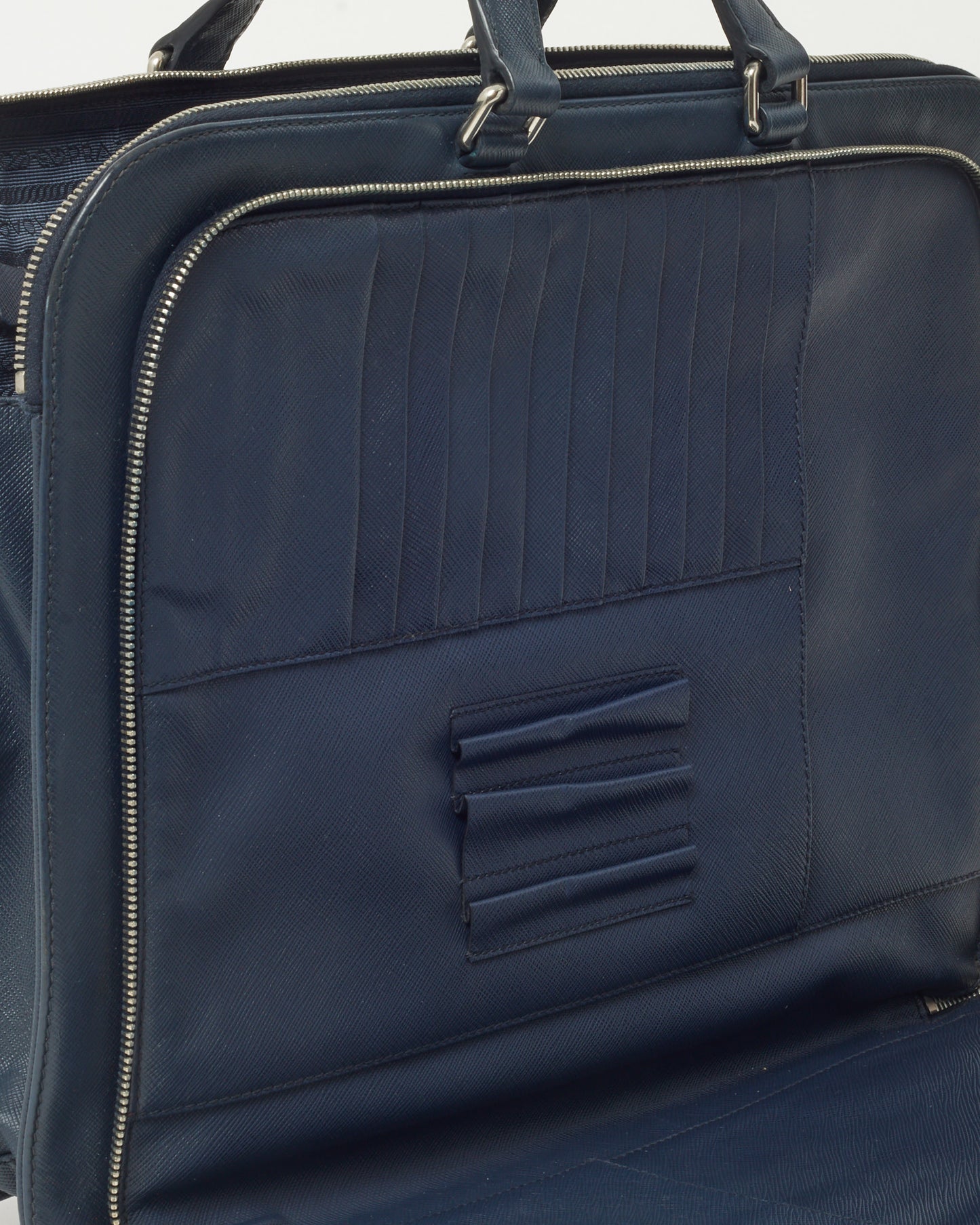 Prada Navy Saffiano Leather Triangle Logo Front Zip Pocket Briefcase