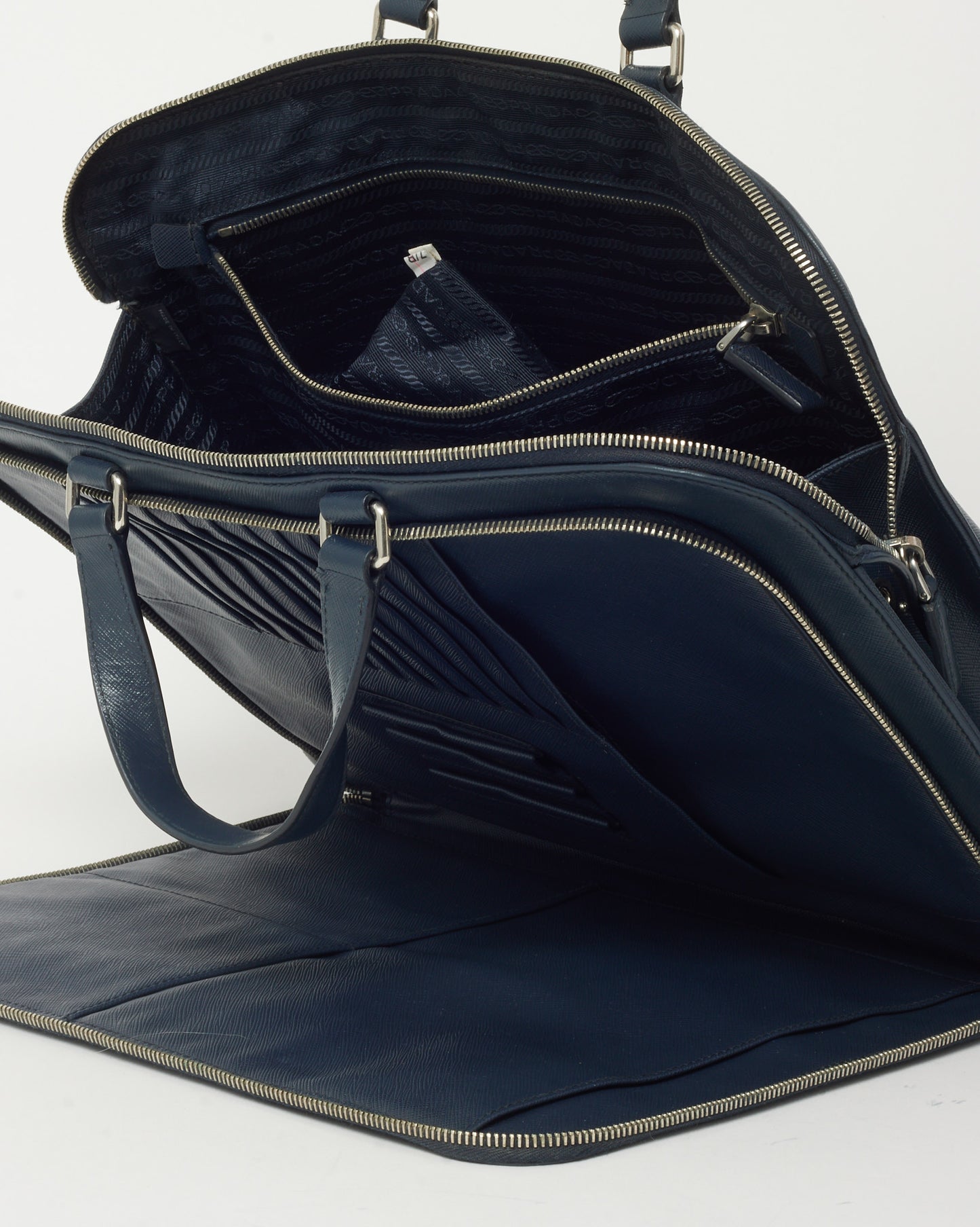Prada Navy Saffiano Leather Triangle Logo Front Zip Pocket Briefcase